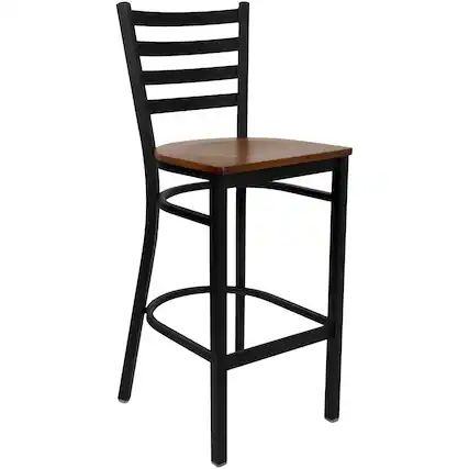 Front. Emma + Oliver - Ladder Back Metal Restaurant Dining Barstool - Cherry Wood Seat/Black Metal Frame.