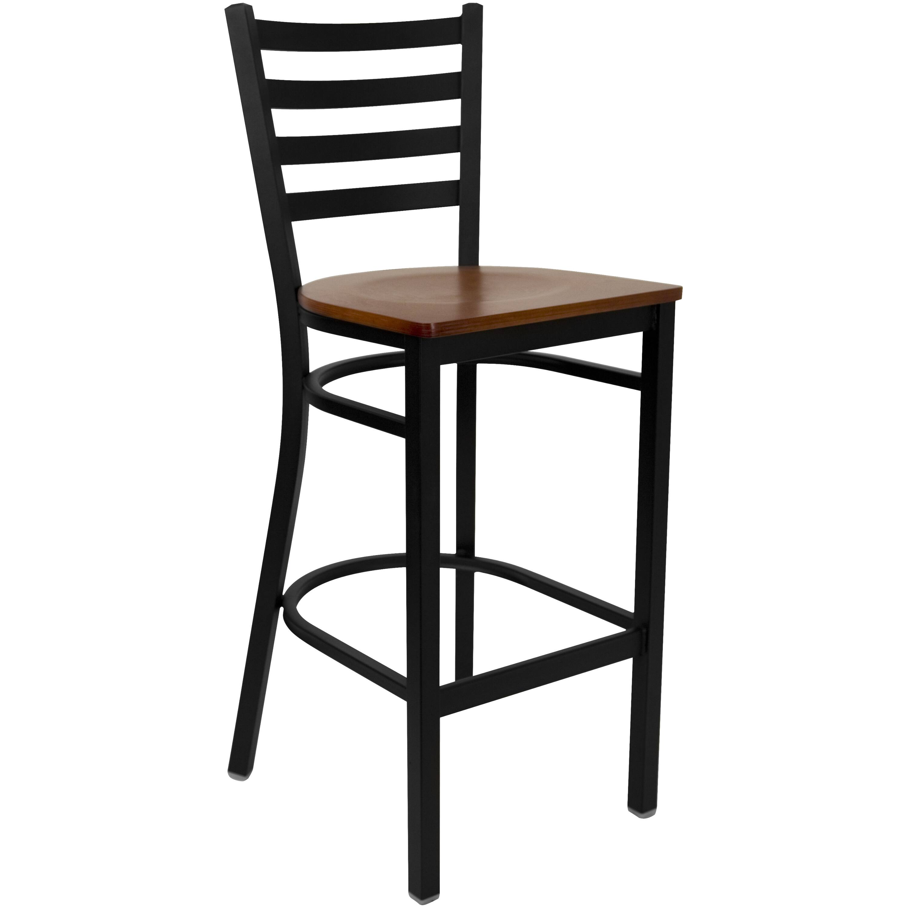 Front. Emma + Oliver - Ladder Back Metal Restaurant Dining Barstool - Cherry Wood Seat/Black Metal Frame.
