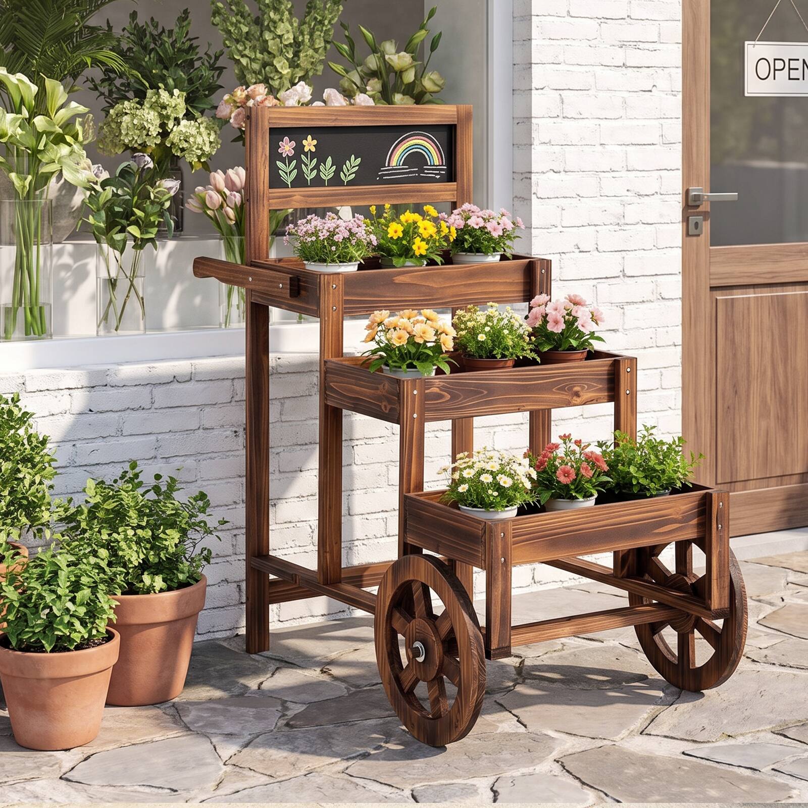 Alt View 3. Costway - Costway 3-Tier Carbonized Fir Wood Plant Display Stand with Chalkboard and 2 Wheels - Brown.