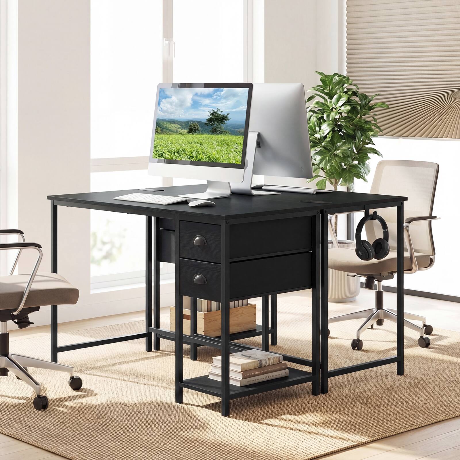 Alt View 4. Costway - Costway Computer Desk with Charging Station, 2 Fabric Drawers, Storage Shelf Headphone Hook - Black.