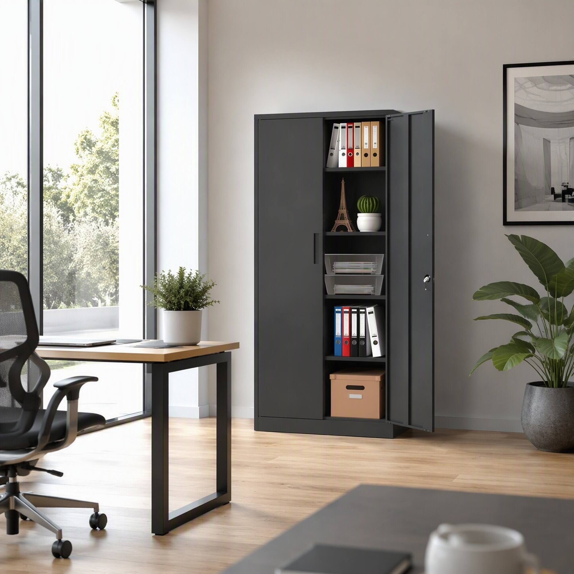 Left. RYHNUYNE - 72 Inch Tall Metal Garage Storage Cabinet Black Tool Steel Locking Cabinet with Doors and 4 Shelves for Home Office - Black.