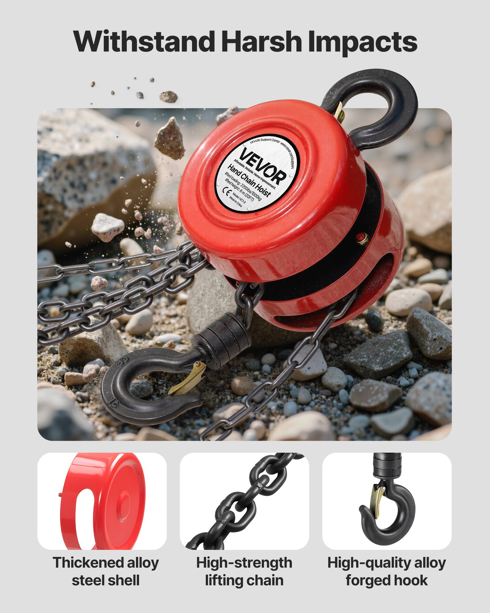 Withstand Harsh Impacts

- VEVOR Hand Chain Hoist - 1000kg
- Thickened alloy High-strength High-quality alloy steel shell lifting chain forged hook