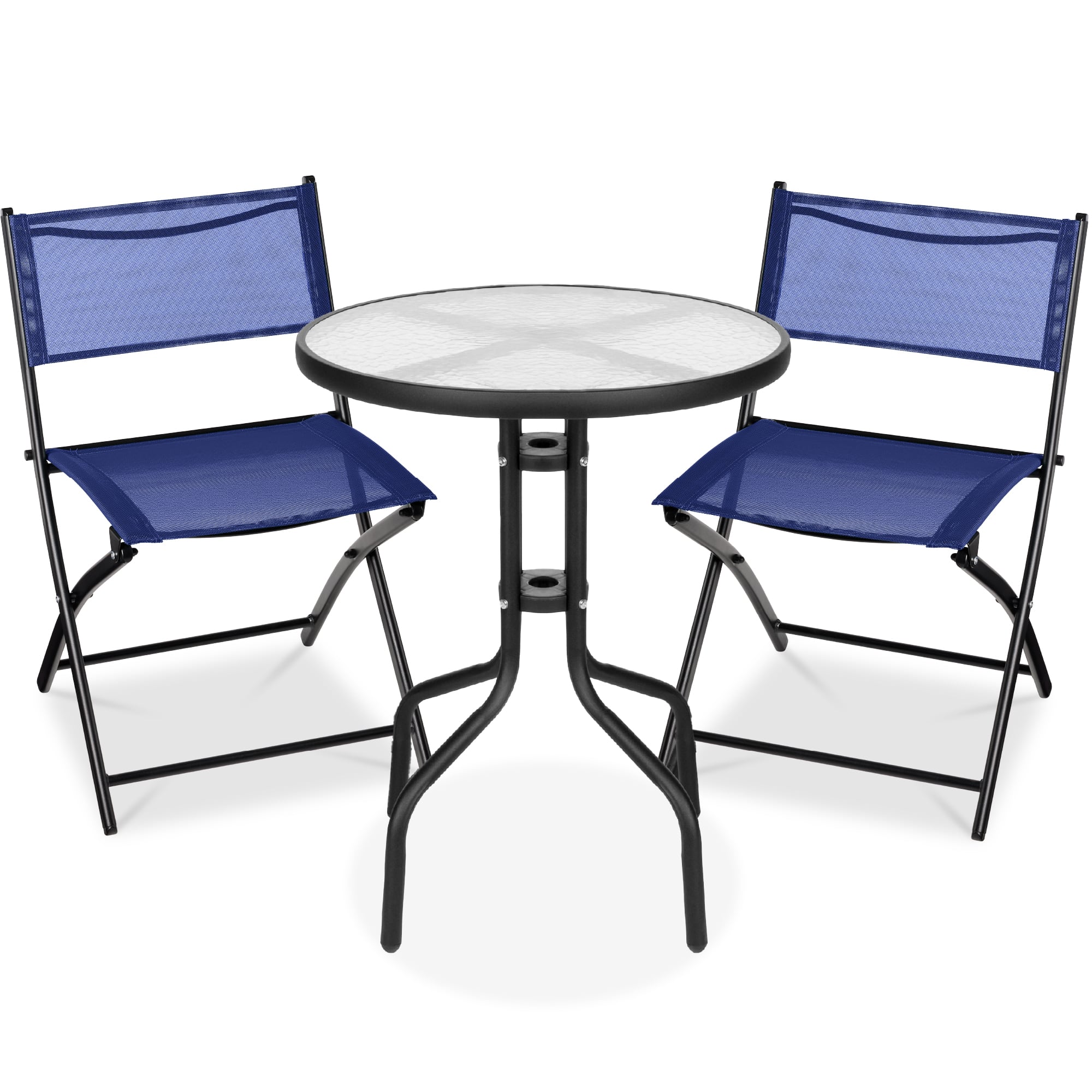 Best Choice Products - 3-Piece Patio Bistro Dining Furniture Set w/ Glass Tabletop, Folding Chairs - Navy