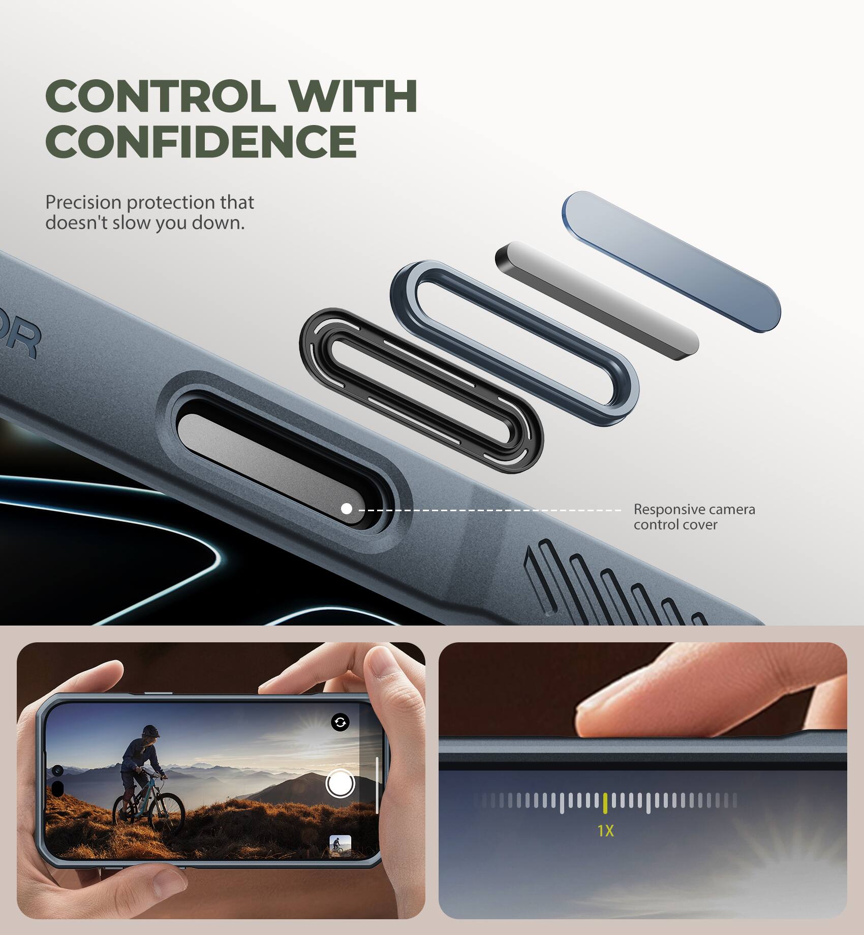 CONTROL WITH CONFIDENCE  
Precision protection that doesn't slow you down.  
R 10010  
Responsive camera control cover  
0 1X