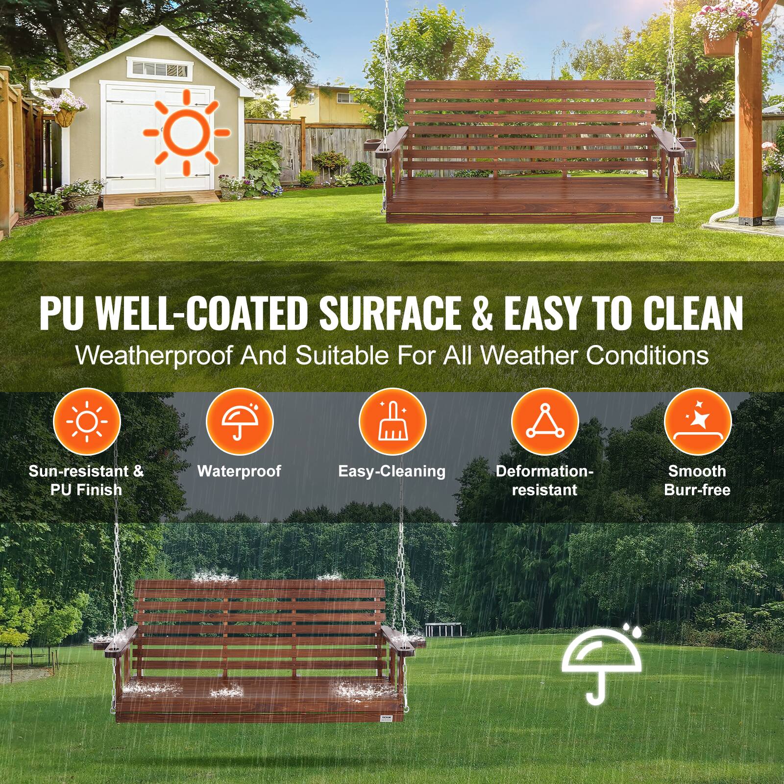 PU WELL-COATED SURFACE & EASY TO CLEAN

Weatherproof And Suitable For All Weather Conditions

- Sun-resistant & PU Finish
- Waterproof
- Easy-Cleaning
- Deformation-resistant
- Smooth
- Burr-free