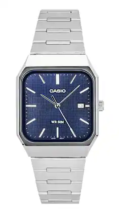 Casio - Analog Quartz MTP-B185D-2A1V Mens Watch Stainless Steel Rectangle Blue Dial 50M - Silver