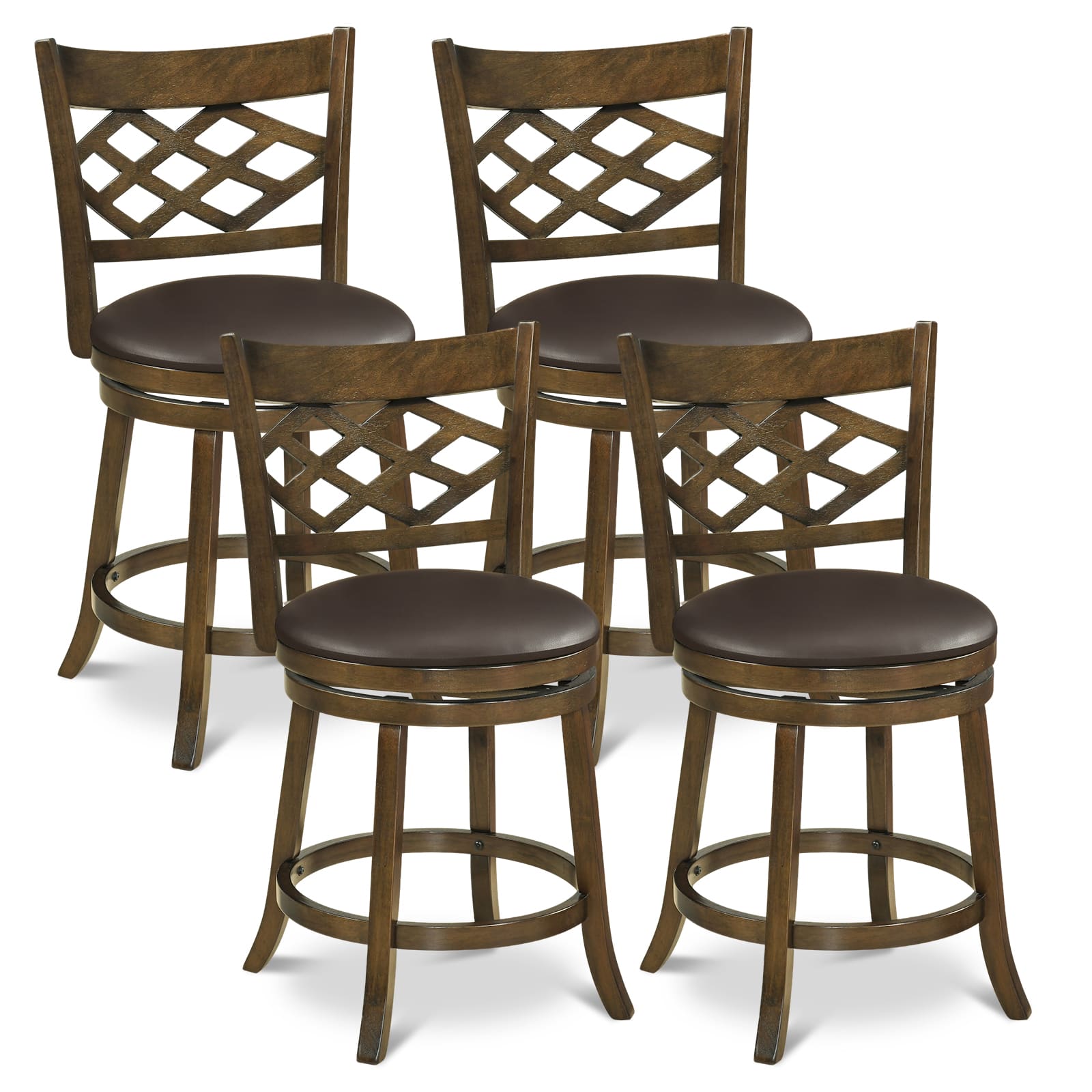 Costway - 26" Counter Height Bar Stools Set of 4 with Rubber Wood Frame, Upholstered Seat - Brown
