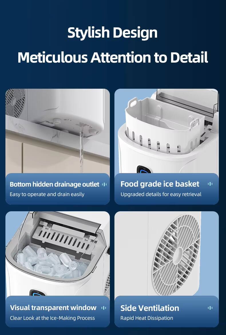 Stylish Design  
Meticulous Attention to Detail  

- Bottom hidden drainage outlet  
  Easy to operate and drain easily  

- Food grade ice basket  
  Upgraded details for easy retrieval  

- Visual transparent window  
  Clear Look at the Ice-Making Process  

- Side Ventilation  
  Rapid Heat Dissipation