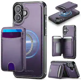 Dteck - 2-in-1 Detachable Magnetic Wallet Case for Apple iPhone 16, RFID Blocking PU Leather Cover with Card Holder and Stand - Purple