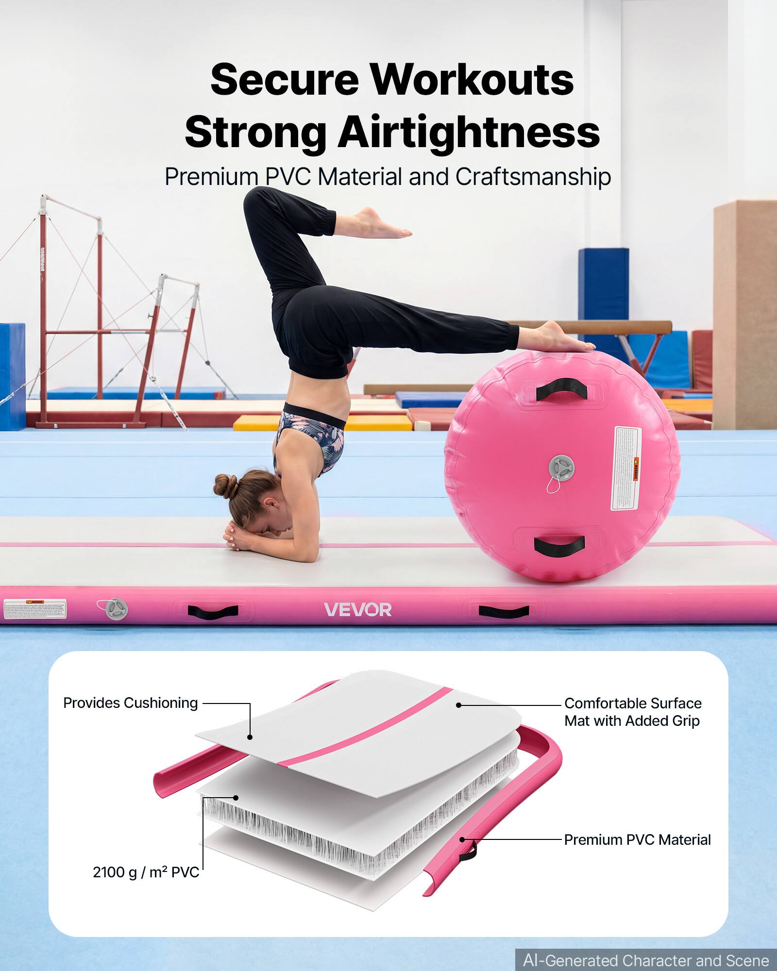 Secure Workouts Strong Airtightness  
Premium PVC Material and Craftsmanship  
VEVOR  
Provides Cushioning  
Comfortable Surface Mat with Added Grip  
Premium PVC Material  
2100 g / m² PVC  
AI-Generated Character and Scene