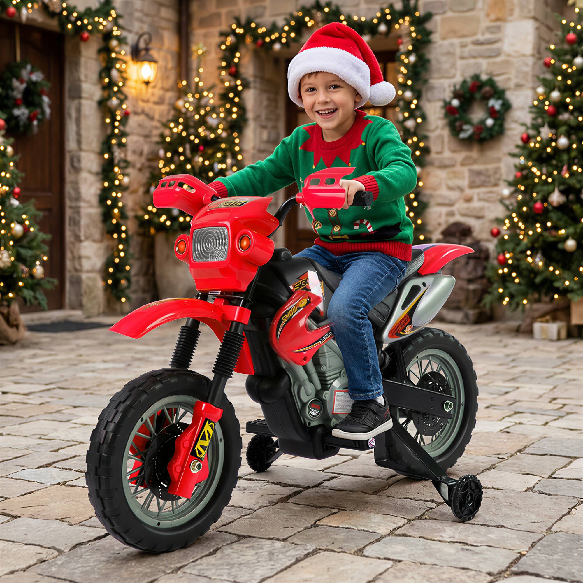Left. Loheer - 6V Kids Motorcycle, Electric Motorcycle with Dirt Bike Style, Street Bike Design Battery Powered Ride Ages 5-8, Red.