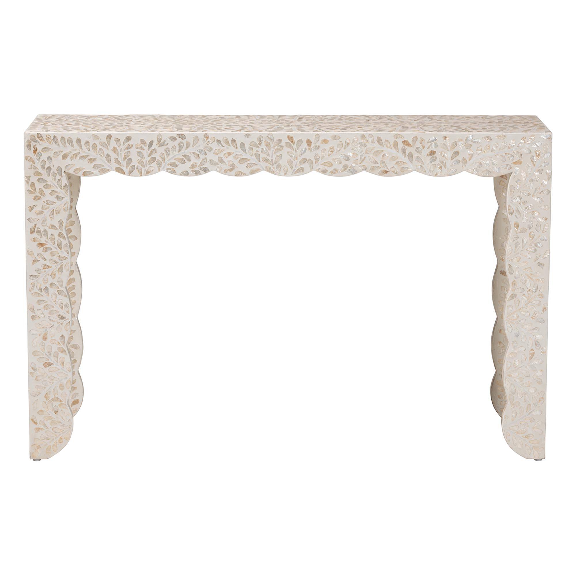 Angle. bali & pari - Hedya Floral Capiz Shell Console Table with Scalloped Detailing - White/Beige.