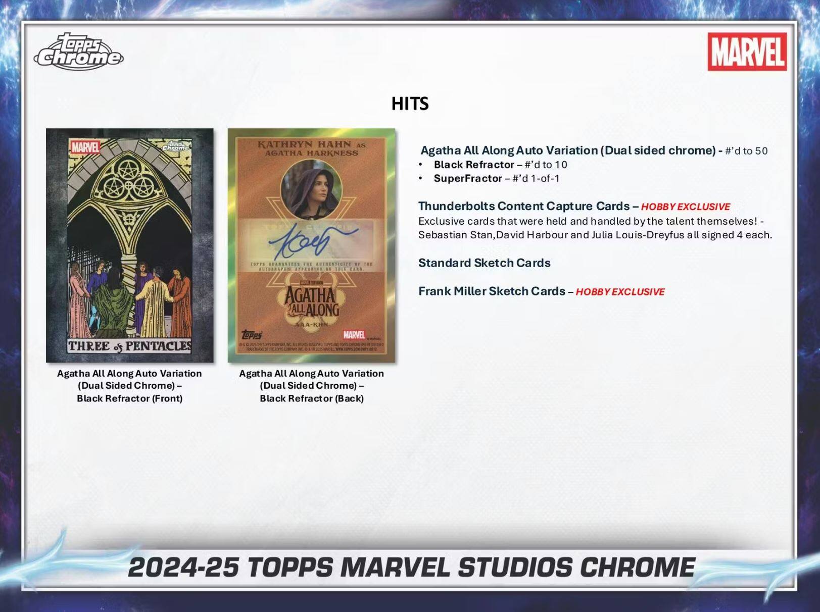 Topps Chrome MARVEL HITS  
Kathryn Hahn as Agatha Harkness  
Agatha All Along Auto Variation (Dual Sided Chrome)  
- #d to 50  
- Black Refractor #d to 10  
- SuperFractor #d 1-of-1  

Thunderbolts Content Capture Cards  
- Hobby Exclusive  
- Exclusive cards held and handled by the talent themselves!  
- Sebastian Stan, David Harbour, and Julia Louis-Dreyfus all signed 4 each.  

Standard Sketch Cards  
Frank Miller Sketch Cards  
- Hobby Exclusive  

Agatha All Along Auto Variation (Dual Sided Chrome) - Black Refractor (Front)  
Agatha All Along Auto Variation (Dual Sided Chrome) - Black Refractor (Back)  

2024-25 TOPPS MARVEL STUDIOS CHROME