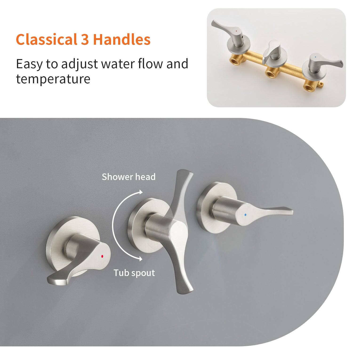 Classical 3 Handles

Easy to adjust water flow and temperature

Shower head

Tub spout