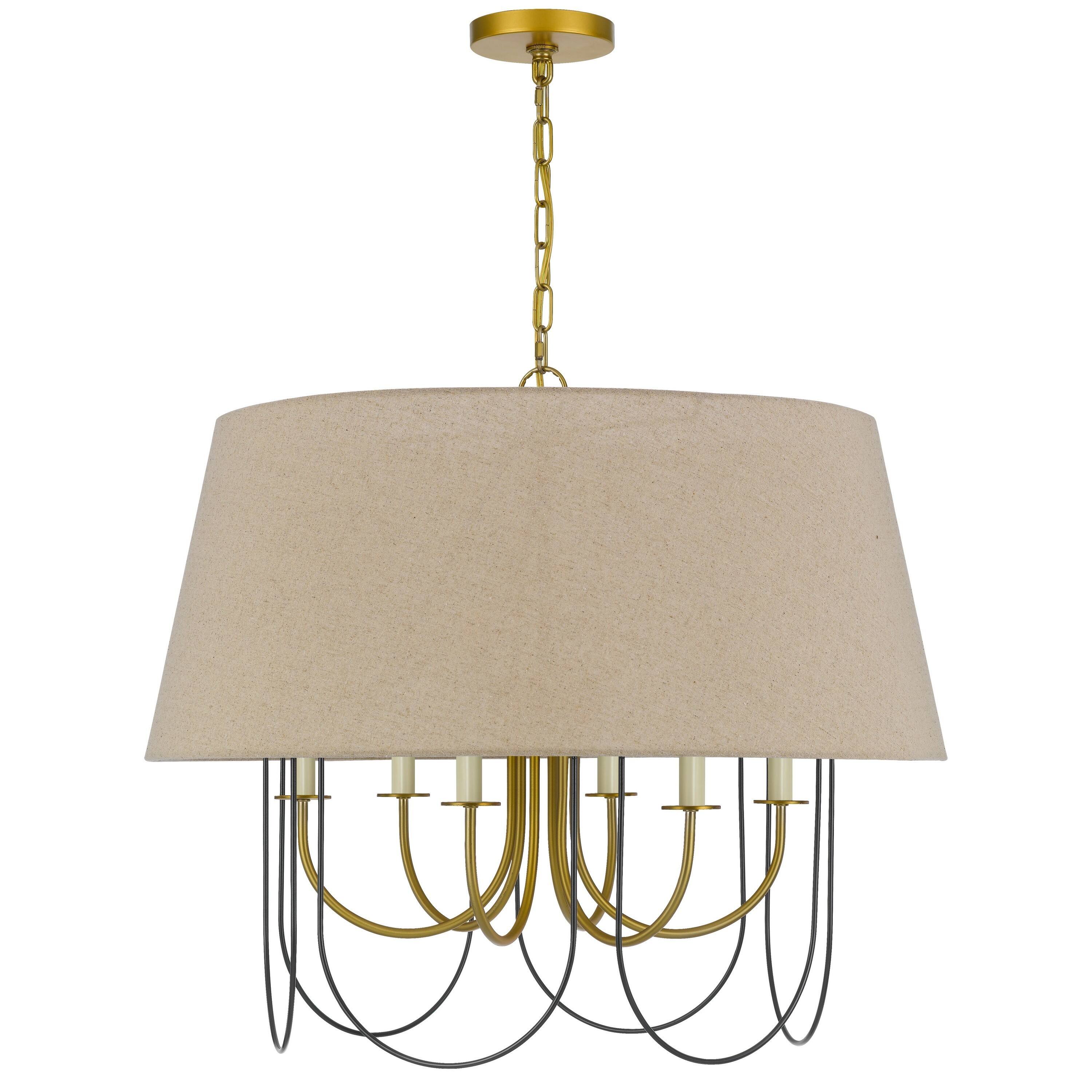 Front. Manhattan Lane - Pomy 28 Inch Chandelier, Hardback Burlap Shade - Brass, Black, Beige.