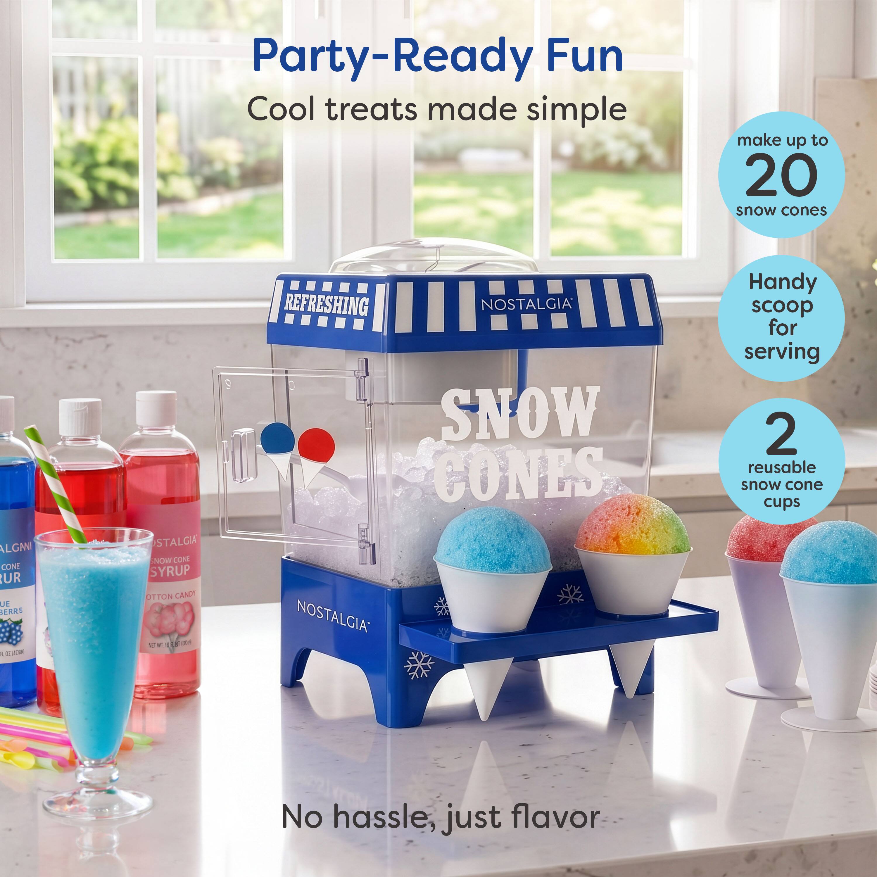 Party-Ready Fun  
Cool treats made simple  

make up to 20 snow cones  

Handy scoop for serving  

2 reusable snow cone cups  

No hassle, just flavor