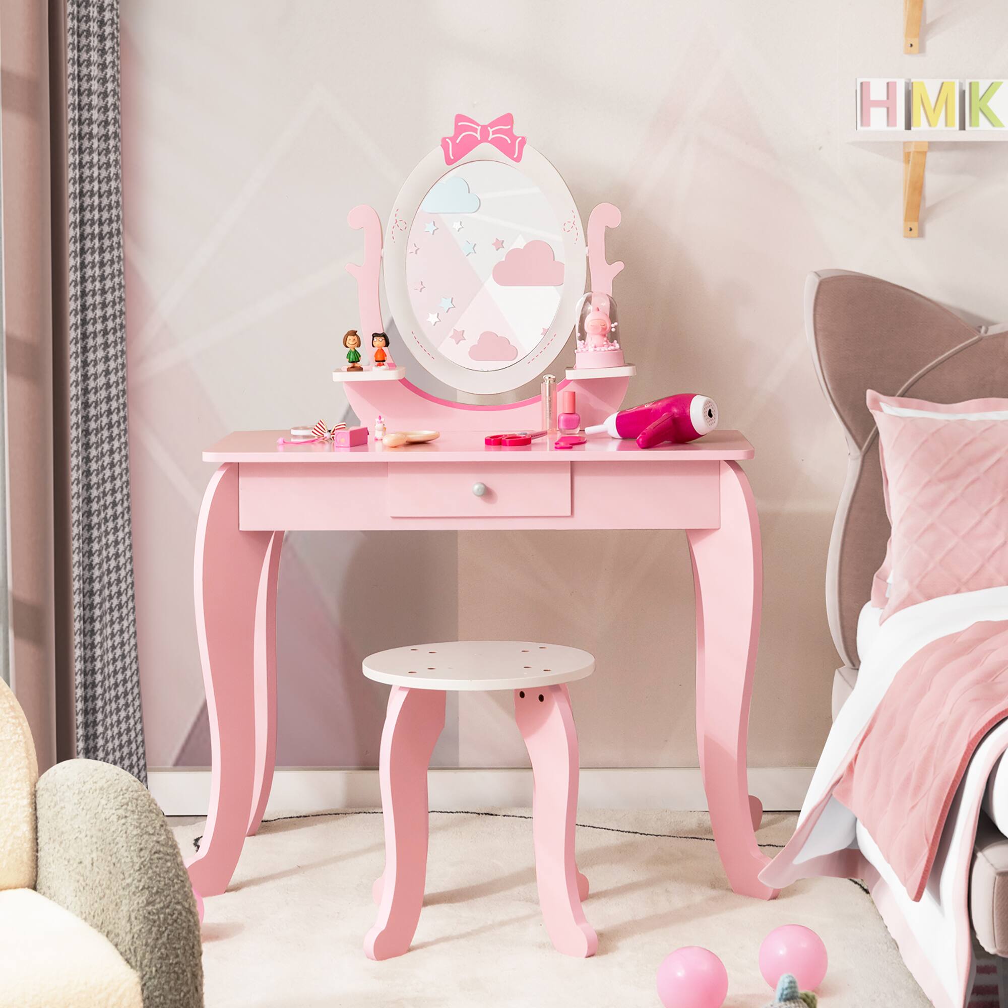 Alt View 3. Costway - Costway Kid Vanity Table Stool Set with Adjustable Mirror Storage Drawer Makeup - White,Pink.