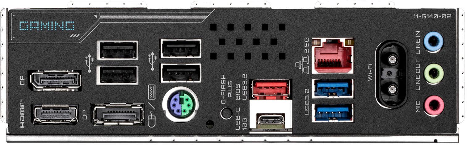 The text on the image reads: "Gaming DP HDMI O-FIAH PLUS BIOS USB3.2 USB-C 10G 2.5G USB3.2 Wi-Fi 11-G140-02 IN LINE OUT LINE MIC."