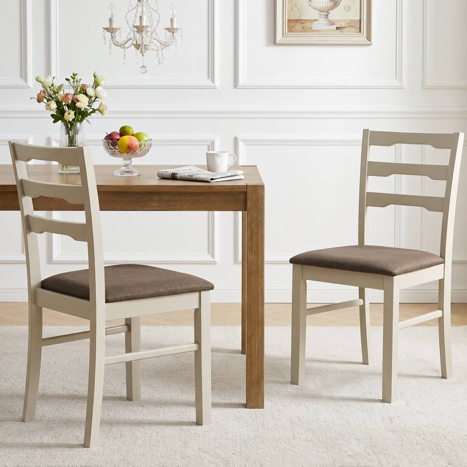 Alt View 3. Costway - Costway Dining Chairs Set of 2 with Solid Rubber Wood Frames, Modern Farmhouse Side Chairs - White + Brown.