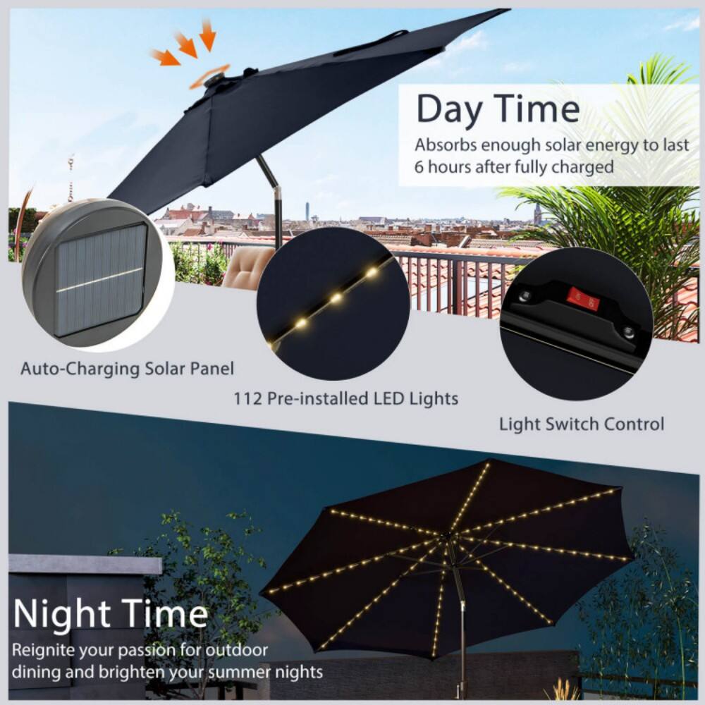 Day Time  
Absorbs enough solar energy to last 6 hours after fully charged  

Auto-Charging Solar Panel  
112 Pre-installed LED Lights  
Light Switch Control  

Night Time  
Reignite your passion for outdoor dining and brighten your summer nights