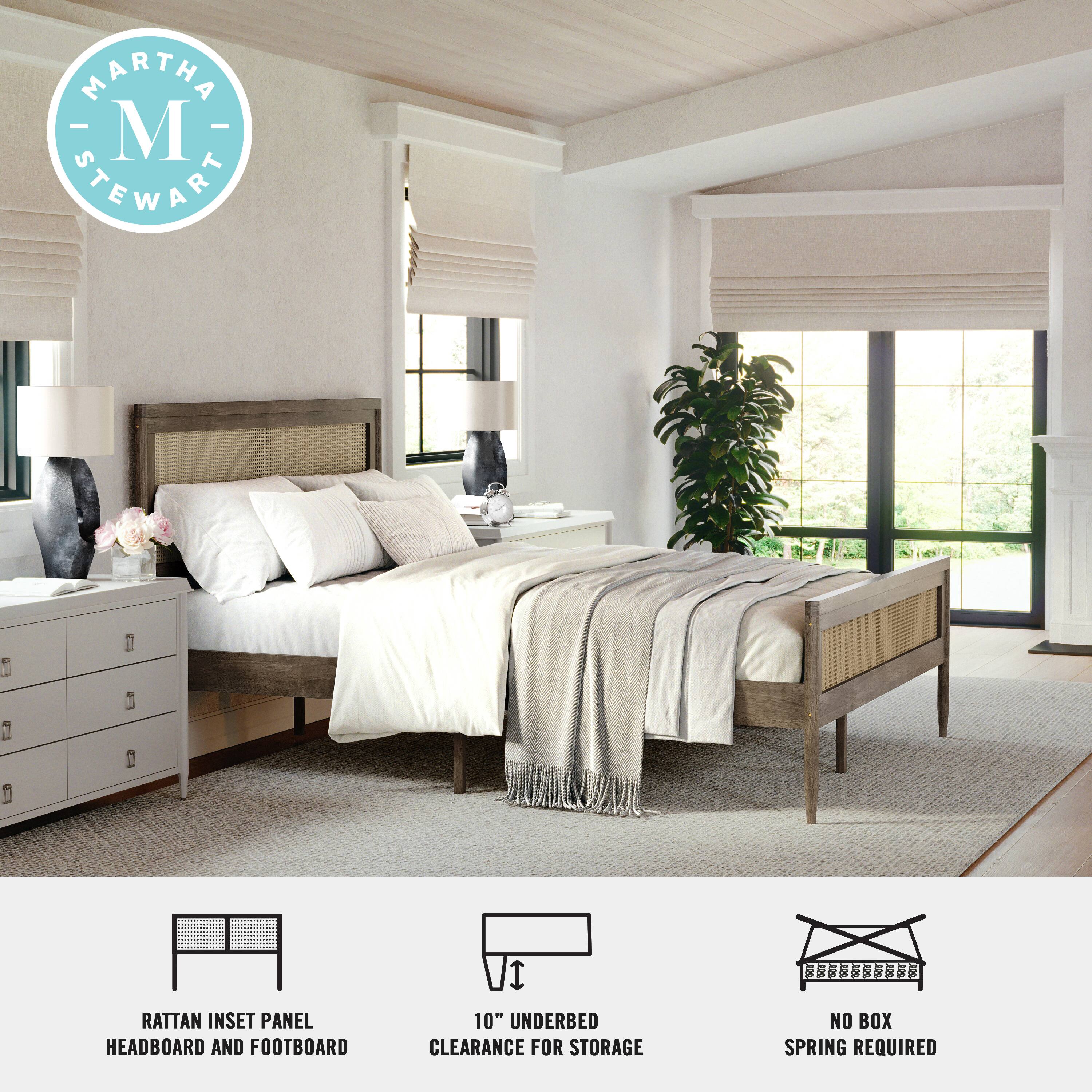 Martha Stewart Rattan Inset Panel Headboard and Footboard. 10" Underbed Clearance for Storage. No Box Spring Required.