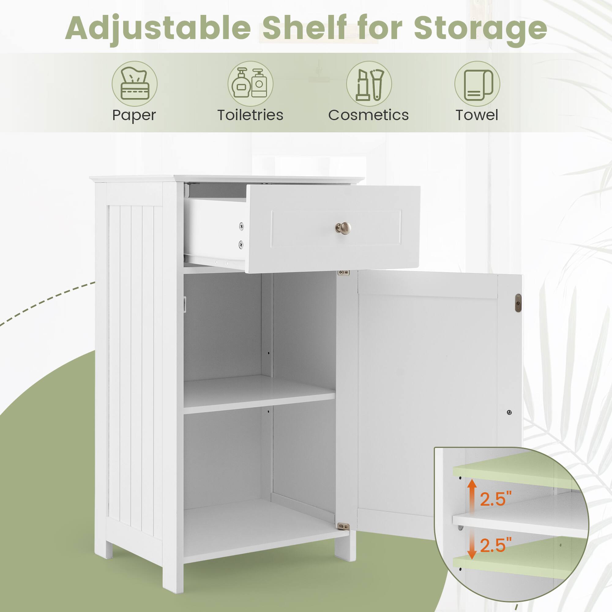 Adjustable Shelf for Storage

- Paper
- Toiletries
- Cosmetics
- Towel

2.5"