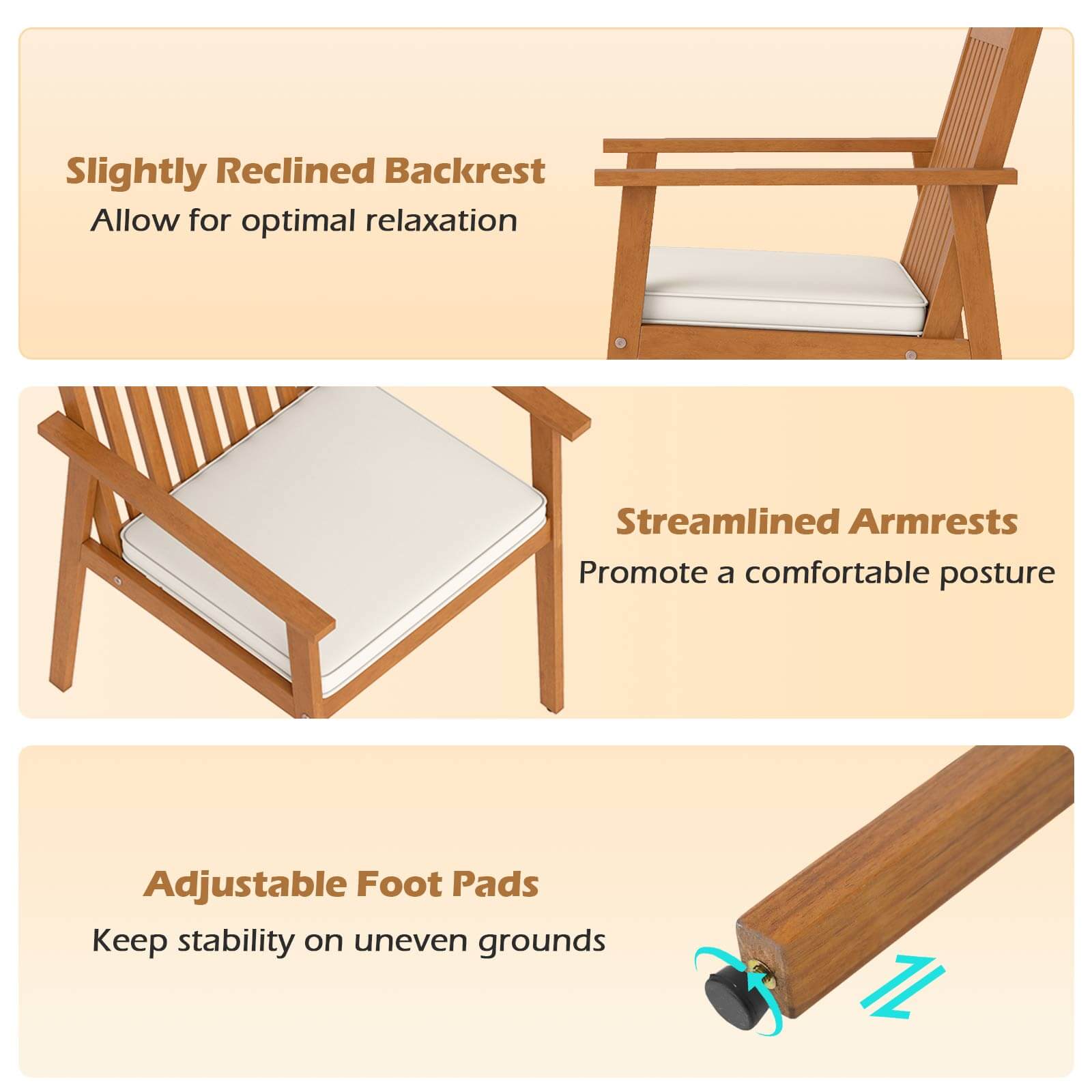 - Slightly Reclined Backrest  
  Allow for optimal relaxation

- Streamlined Armrests  
  Promote a comfortable posture

- Adjustable Foot Pads  
  Keep stability on uneven grounds