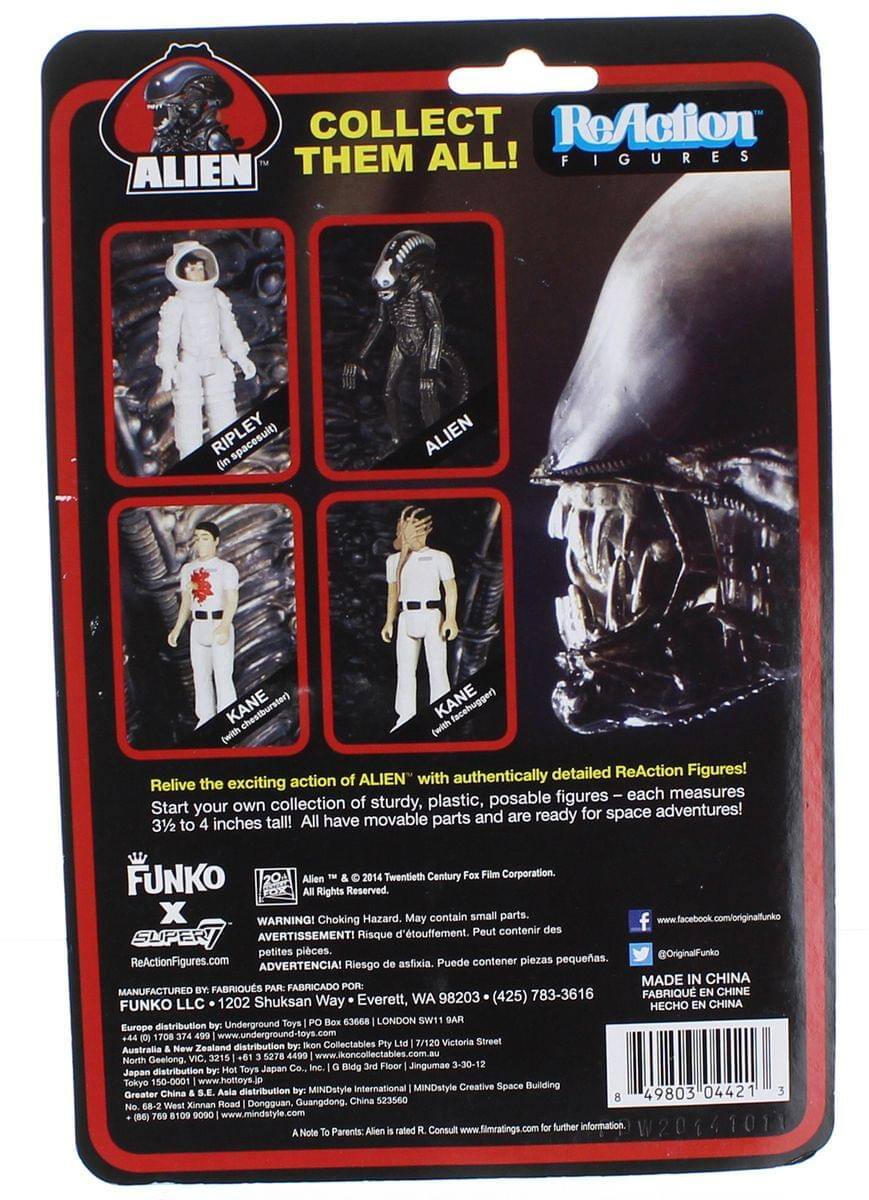 **COLLECT THEM ALL!**

**ALIEN**

**ReAction Figures**

- RIPLEY (In spacesuit)
- ALIEN
- KANE (with chestburster)
- KANE (facehugger)

Relive the exciting action of ALIEN™ with authentically detailed ReAction Figures! Start your own collection of sturdy, plastic, posable figures – each measures 3½ to 4 inches tall! All have movable parts and are ready for space adventures!

**FUNKO**

**20th Century Fox Film Corporation. All Rights Reserved.**

**WARNING! Choking Hazard. May contain small parts.**

**AVERTISSEMENT! Risque d'étouffement. Peut contenir des petites pièces.**

**ADVERTENCIA! Riesgo de asfixia. Puede contener piezas pequeñas.**

**MADE IN CHINA**

**FABRIQUÉ EN CHINE**

**FABRICADO POR:**

FUNKO LLC  
1202 Shuksan Way  
Everett, WA 98203  
(425) 783-3616

**DISTRIBUTION BY: