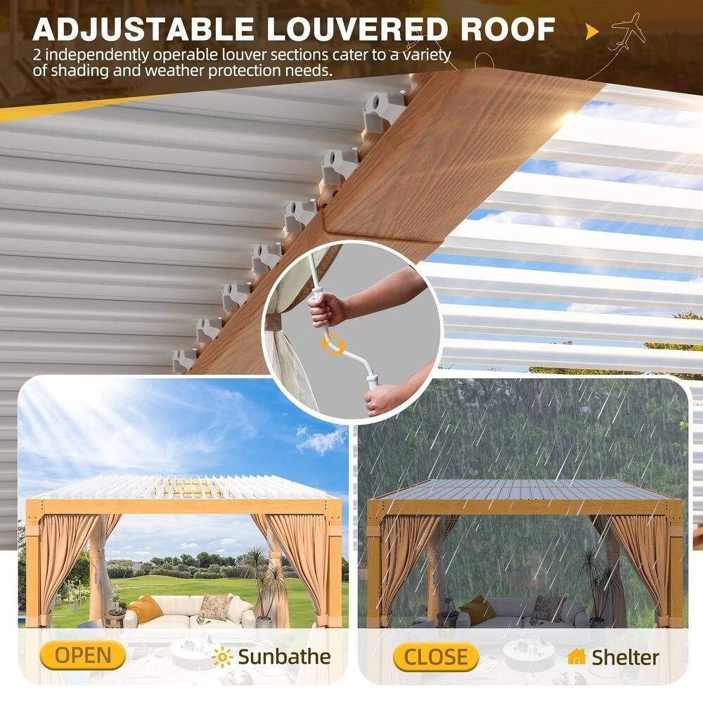 Back. U-HOMY - Wood Grain Aluminum Louvered Pergola Gazebo with Adjustable Rainproof Roof, Curtains & Netting - 10'x10'.