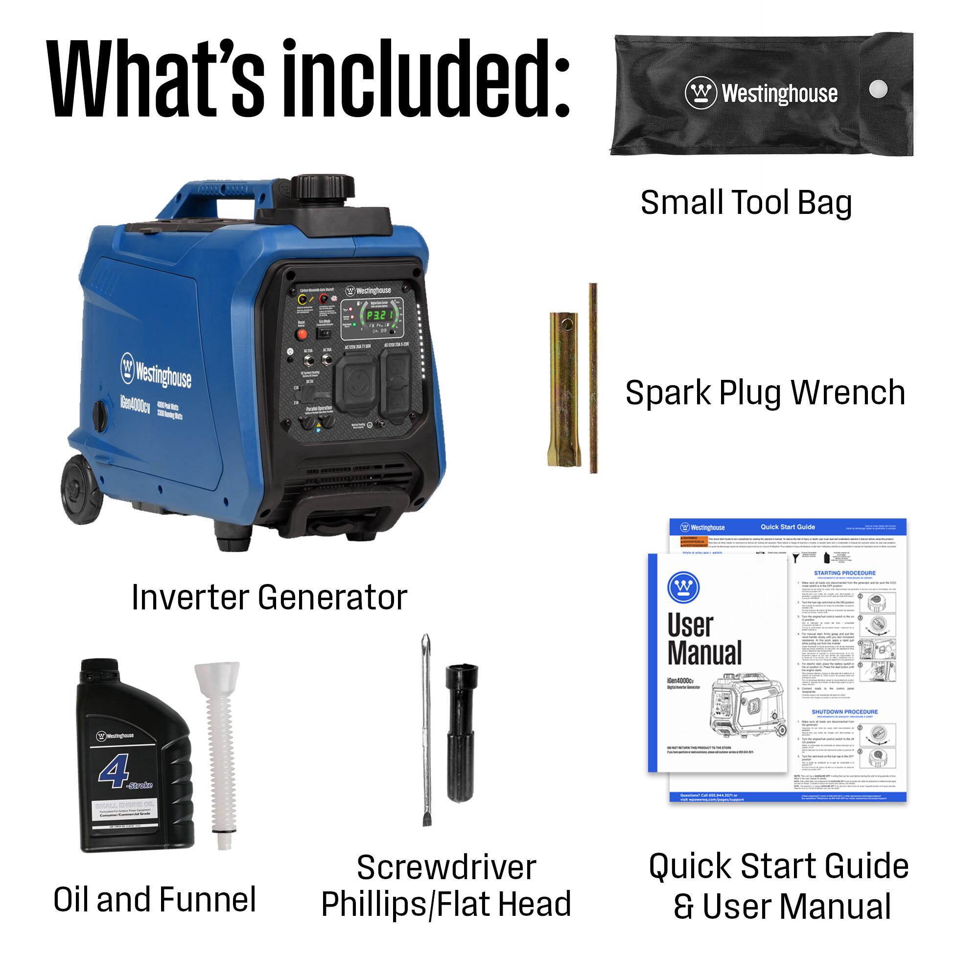 What's included:
- Westinghouse Small Tool Bag
- Westinghouse GA300c Inverter Generator
- Spark Plug Wrench
- Oil and Funnel
- Screwdriver (Phillips/Flat Head)
- Quick Start Guide & User Manual