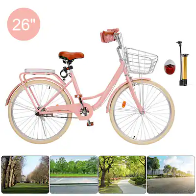Topteng - 26" Beach Cruiser Bike for Men/Women with Cup Holder, High Carbon Steel Frame, Dual Brakes, Rear Rack and Basket - Pink Topteng - 26" Beach Cruiser Bike for Men/Women with Cup Holder, High Carbon Steel Frame, Dual Brakes, Rear Rack and Basket - Pink