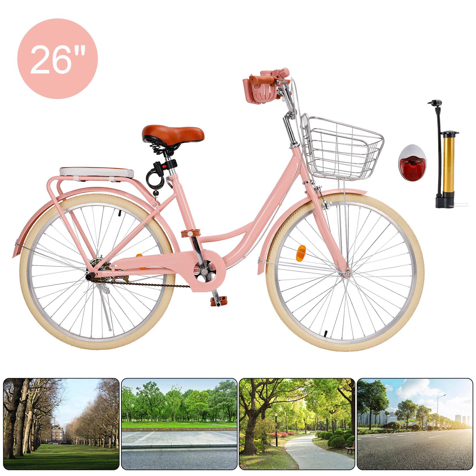 Alt View 1. Topteng - 26" Beach Cruiser Bike for Men/Women with Cup Holder, High Carbon Steel Frame, Dual Brakes, Rear Rack and Basket, Pink - Pink.
