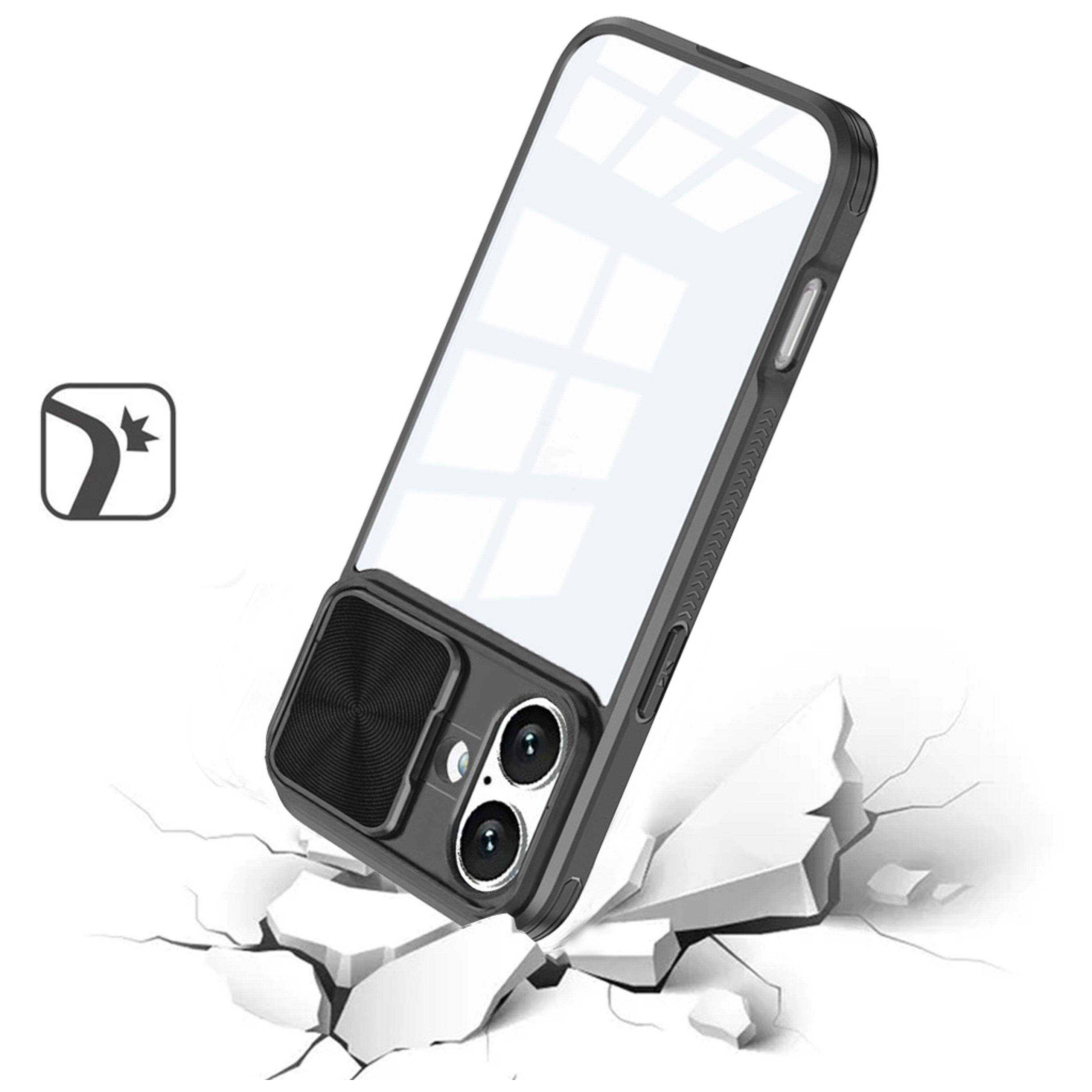 Left. Kitcheniva - Clear Hybrid Sliding Lens Cover Case With Tempered Glass For iPhone 16 Black - Black.