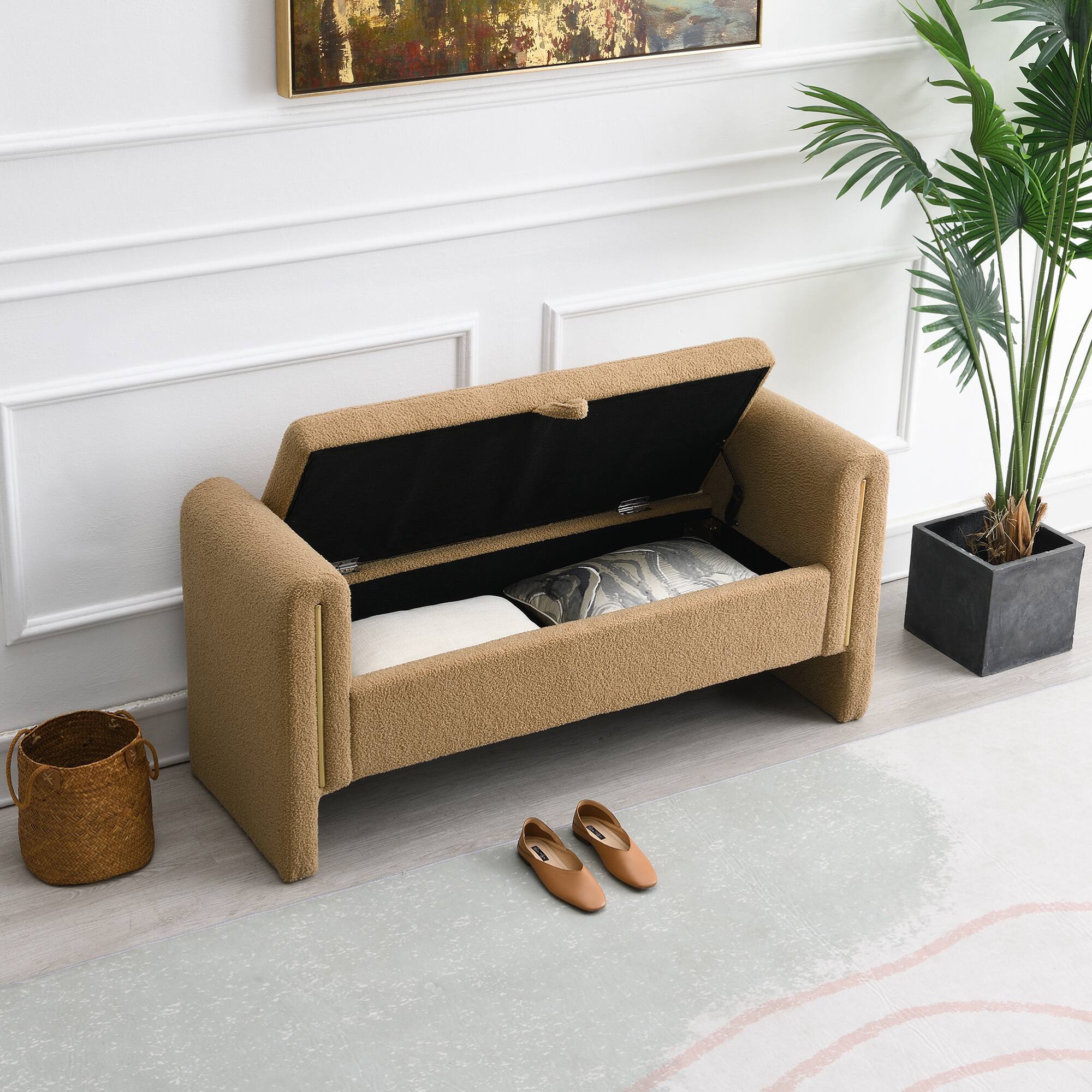 Left. GOODSILO - Modern Upholstered Storage Bench with Arms, Large Foot Rest Stool for Living Room and Bedroom - Coffee.