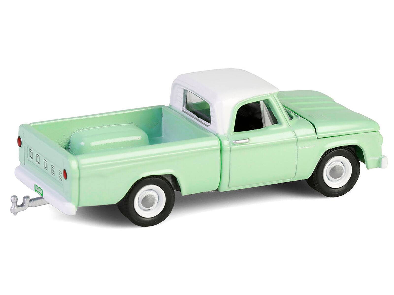 Left. Greenlight - 1964 Dodge D-200 Sweptline Pickup Truck Turf Green with White Top "Down on the Farm" Series 10 1/64 - Turf Green with White Top.