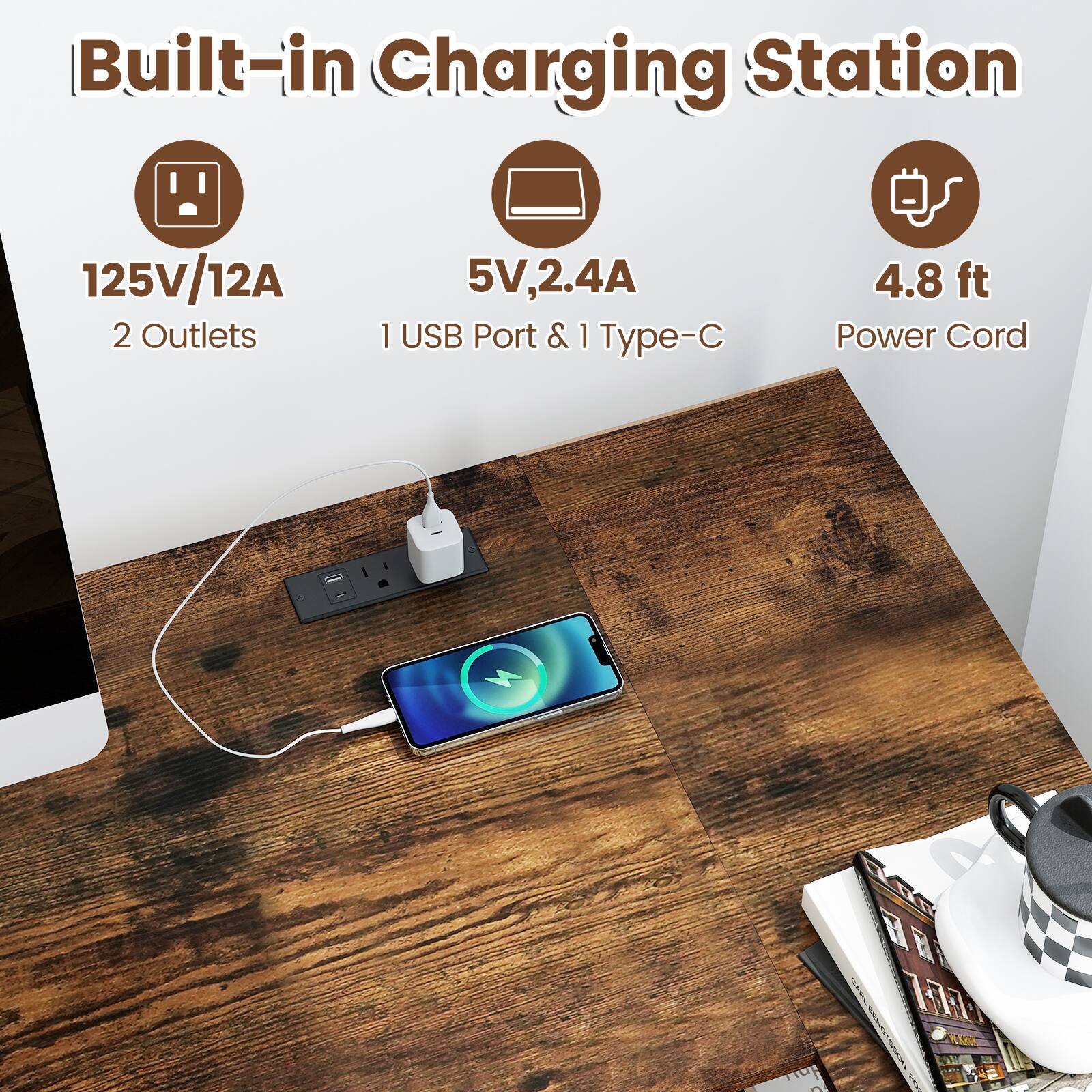 Built-in Charging Station  
125V/12A  
2 Outlets  
5V, 2.4A  
1 USB Port & 1 Type-C  
4.8 ft Power Cord