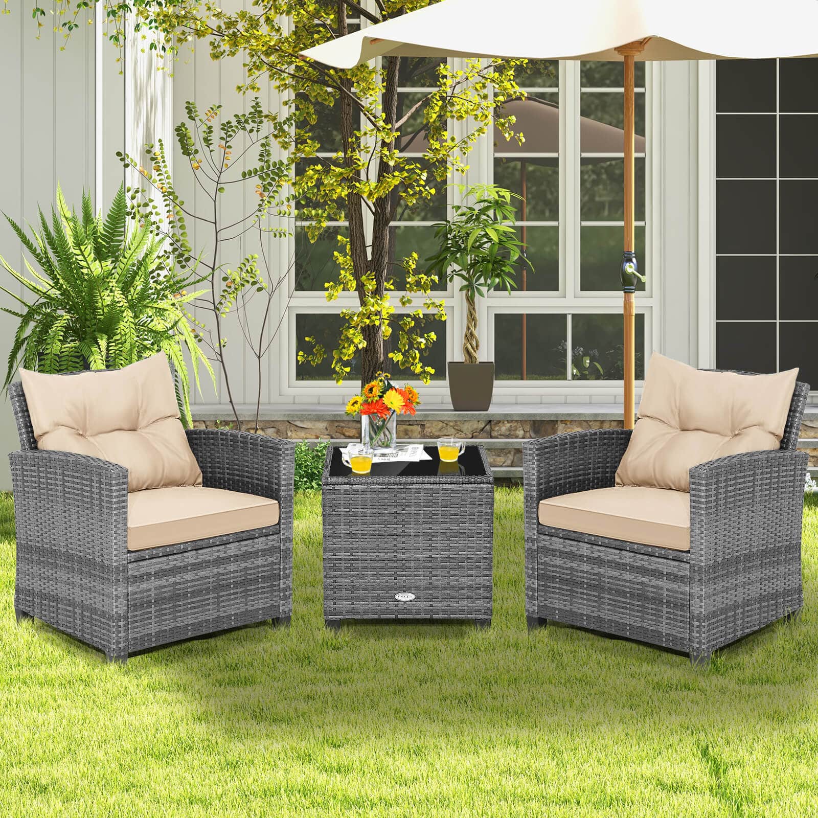 Costway - 3PCS Patio Rattan Furniture Bistro Set Cushioned Sofas Side Table Armrest - Mix Gray + Brown