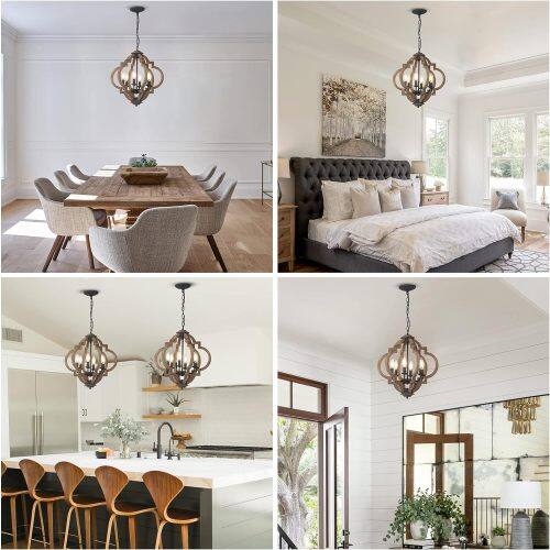 Alt View 2. LUCKY ONE - 6-Light Rustic Farmhouse Chandelier, Wood Black Hanging Pendant Light for Dining Room Kitchen Island - Wood.