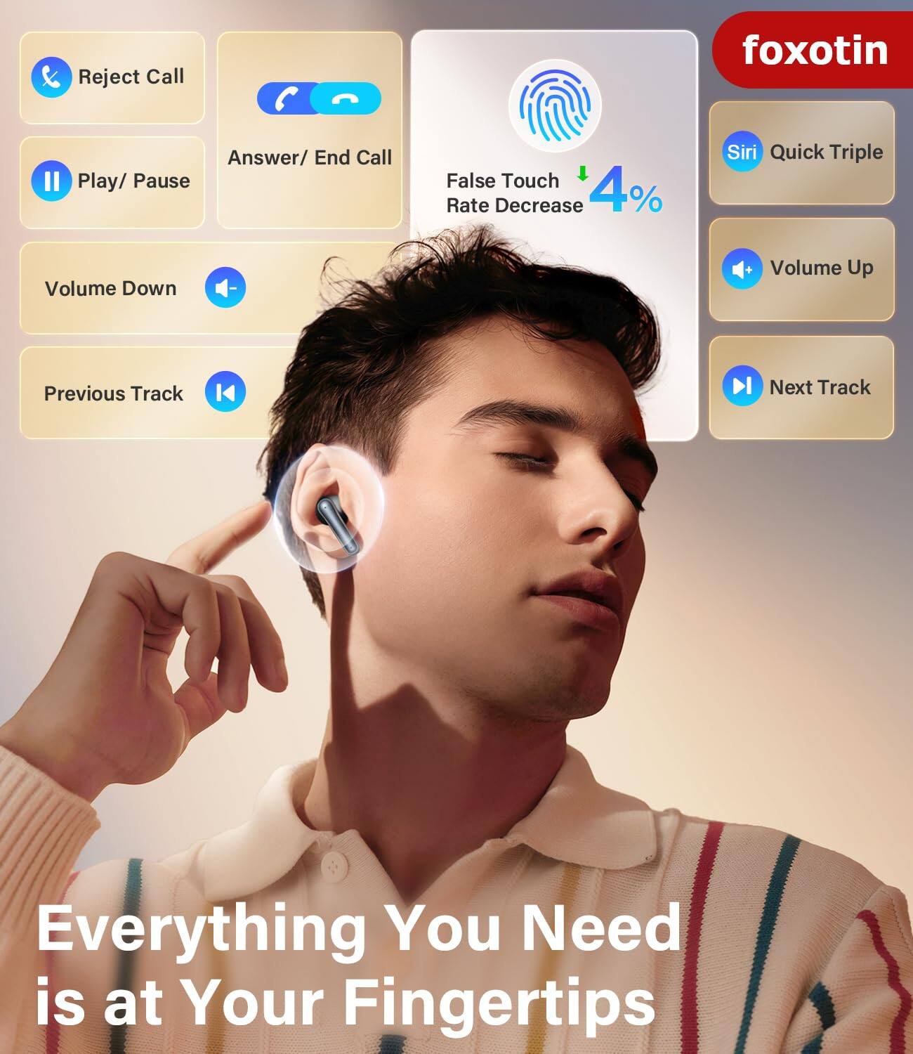 - Reject Call
- Answer/ End Call
- Play/ Pause
- Volume Down
- Previous Track
- False Touch Rate Decrease 4%
- Siri Quick Triple
- Volume Up
- Next Track

Everything You Need is at Your Fingertips