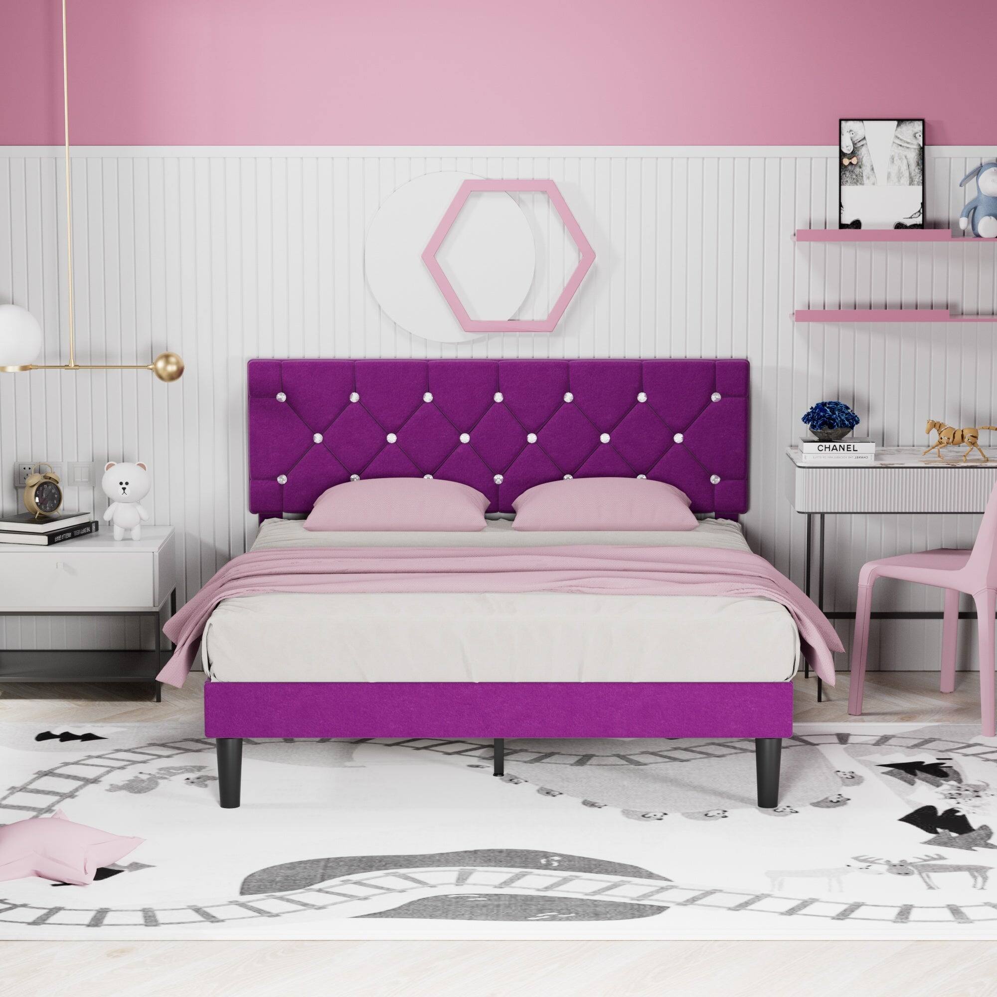 Angle. Vecelo - Full Bed Frame with Upholstered Headboard, Heavy Duty Wooden Bed Slats - Noiseless Platform Bed, No Box Spring Required - Purple.