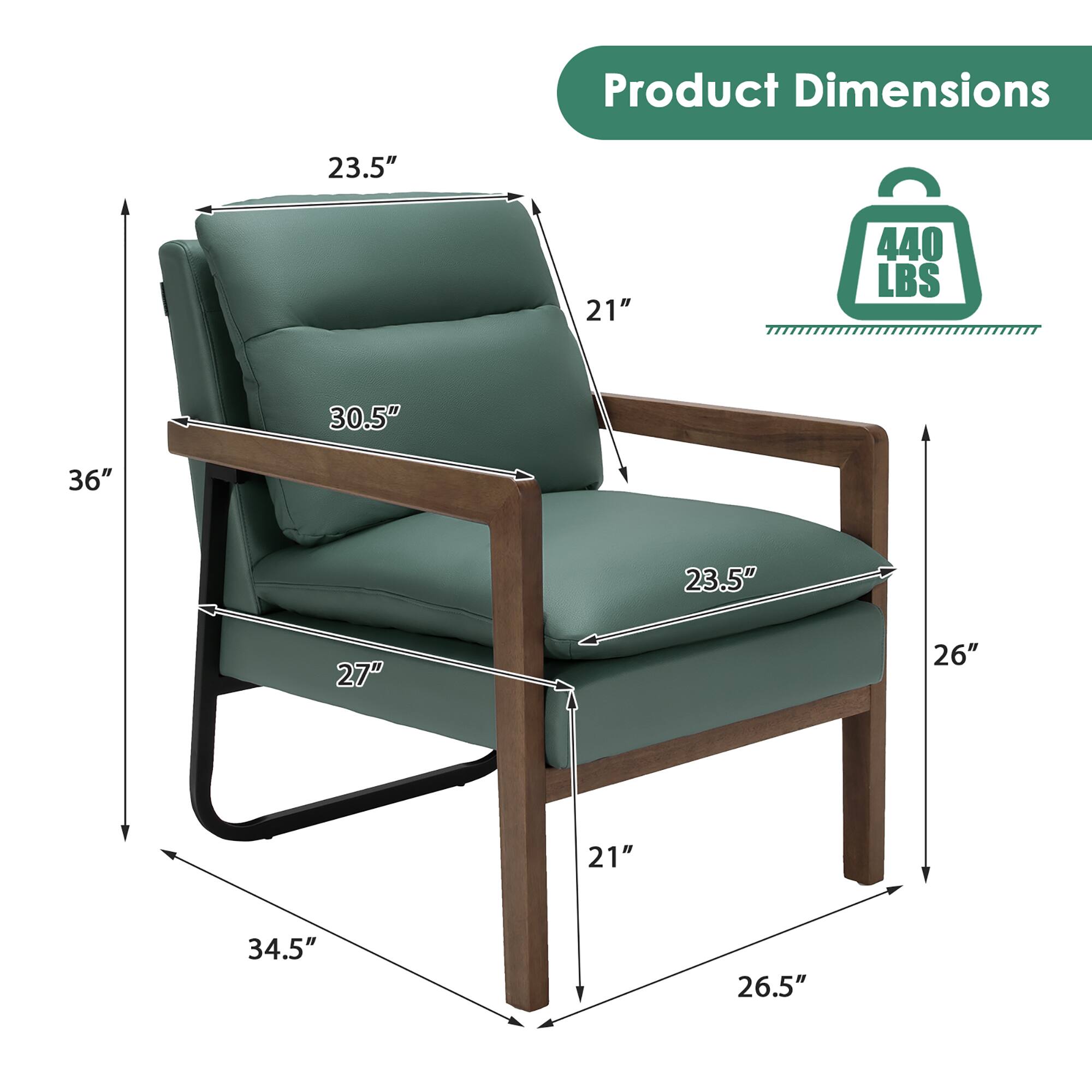 Product Dimensions:  
- Height: 36"  
- Width: 34.5"  
- Depth: 26.5"  
- Seat Height: 21"  
- Seat Depth: 23.5"  
- Armrest Height: 30.5"  
- Armrest Width: 21"  
- Back Height: 23.5"  
- Back Width: 26"  
- Weight Capacity: 440 LBS