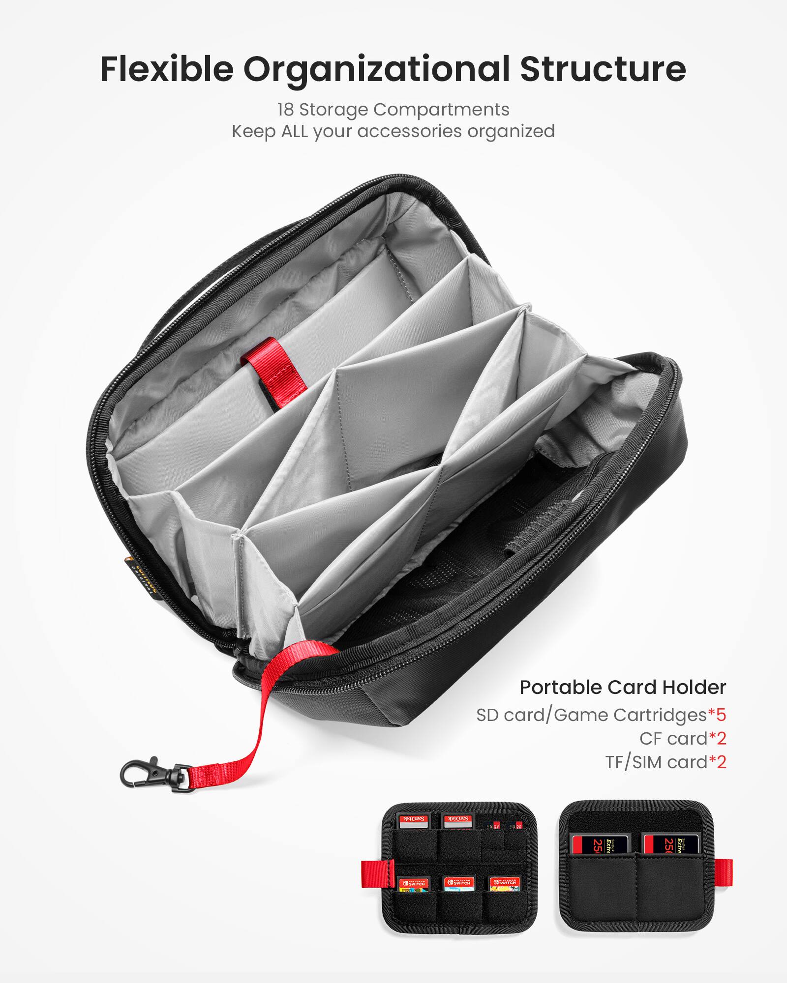 Flexible Organizational Structure  
18 Storage Compartments  
Keep ALL your accessories organized  

Portable Card Holder  
SD card/Game Cartridges*5  
CF card*2  
TF/SIM card*2