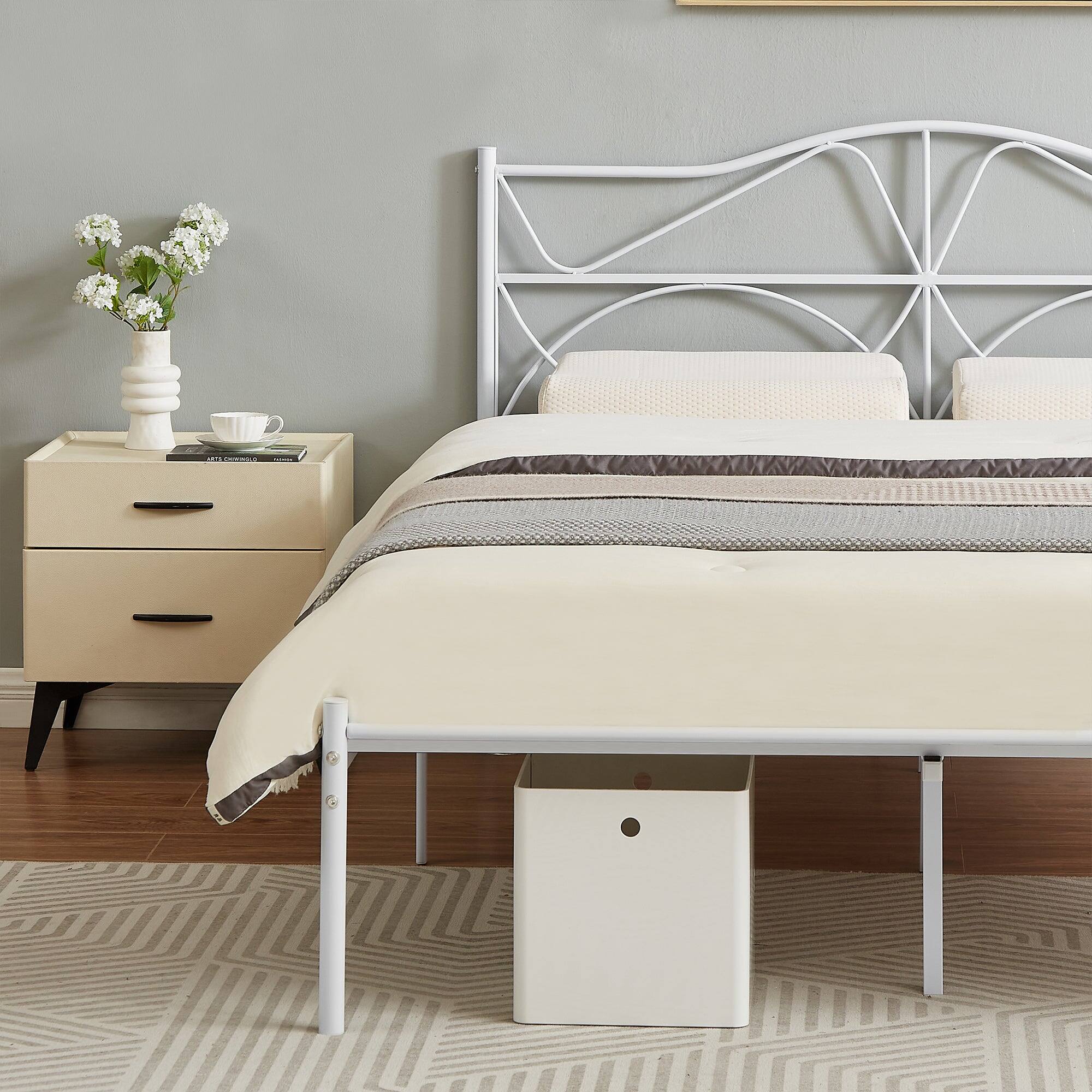Alt View 1. Vecelo - Full Size Metal Platform Bed Fram,Sturdy Slats Support Mattress Foundation,No Box Spring Needed,White - White.