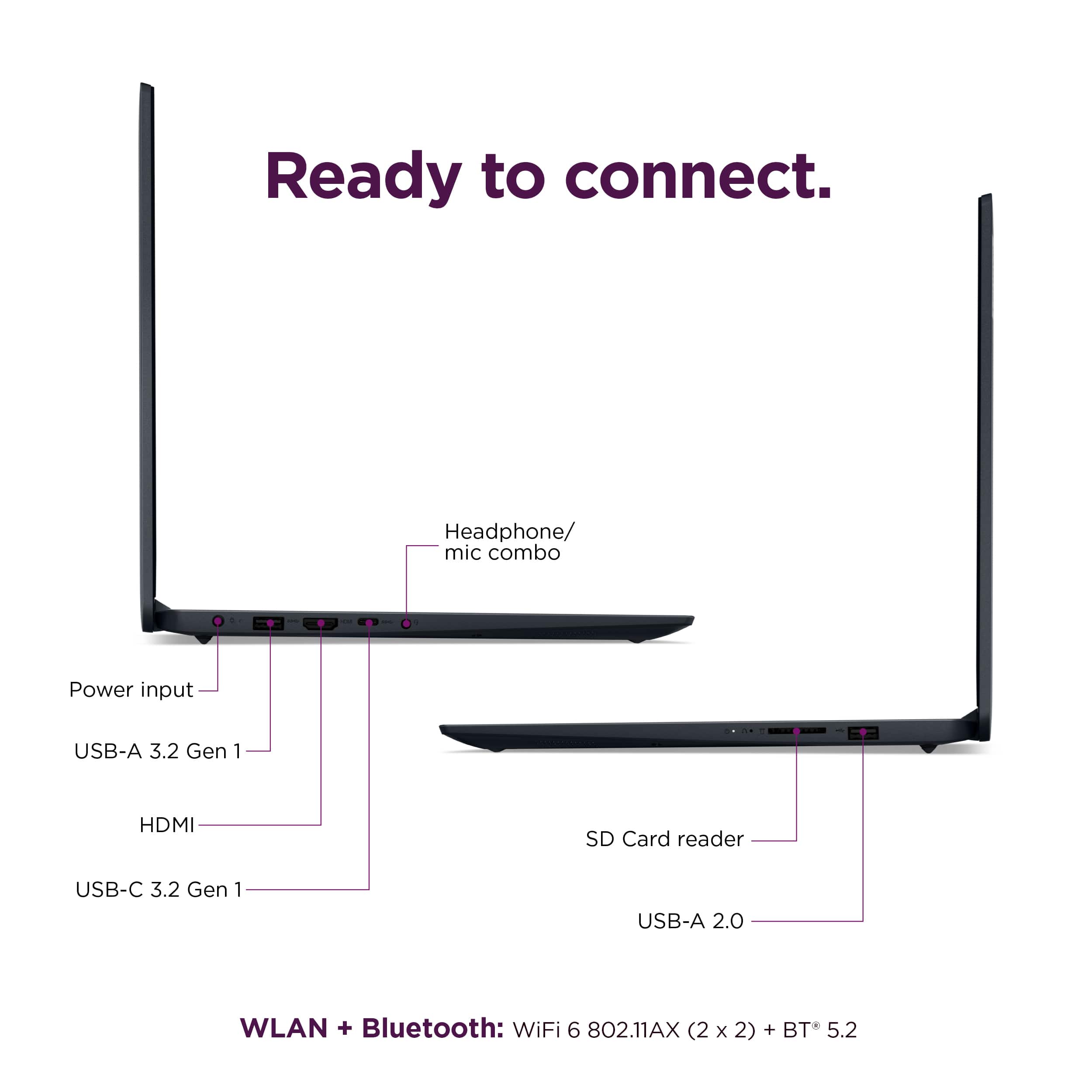 Ready to connect. Headphone/mic combo. Power input. USB-A 3.2 Gen 1. HDMI. SD Card reader. USB-C 3.2 Gen 1. USB-A 2.0. WLAN + Bluetooth: WiFi 6 802.11AX (2x2) (2 x 2) + BT* 5.2.