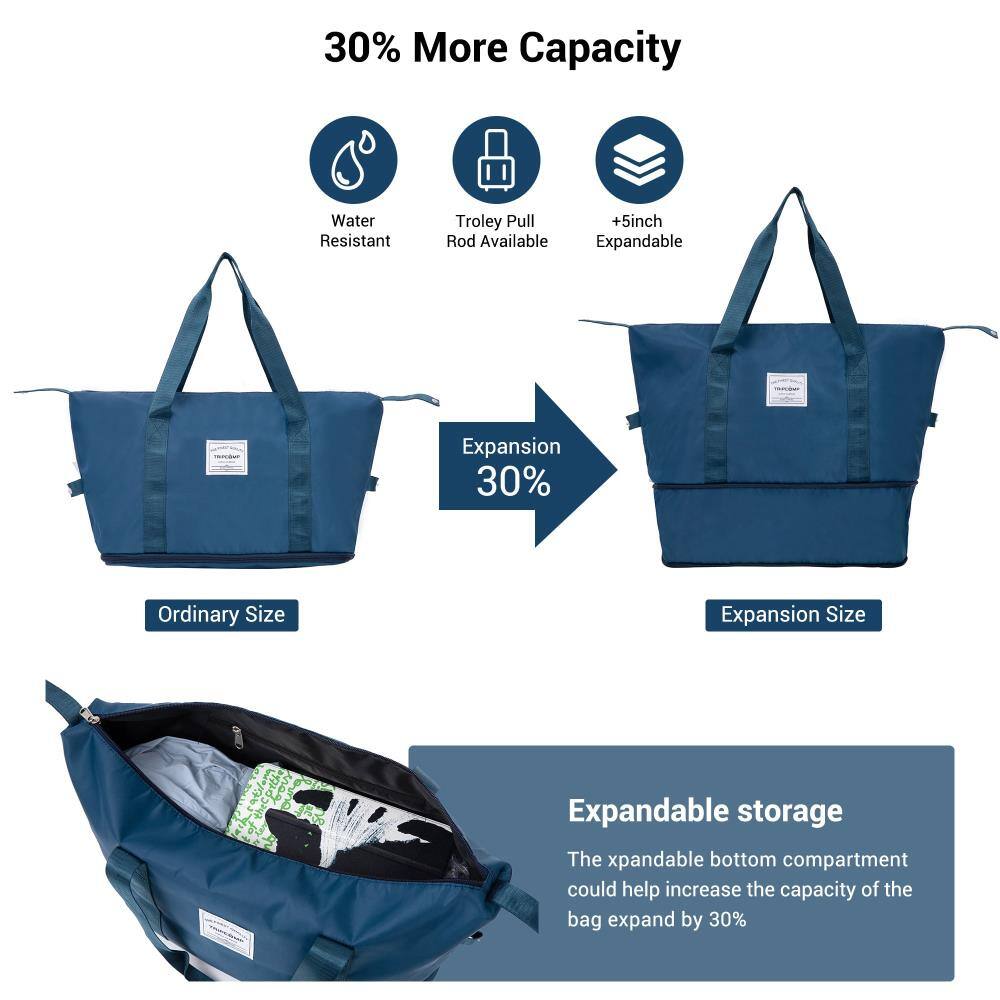 30% More Capacity

- Water Resistant
- Trolley Pull Rod Available
- +5inch Expandable

Expansion 30%

Ordinary Size → Expansion Size

Expandable storage

The expandable bottom compartment could help increase the capacity of the bag by 30%.