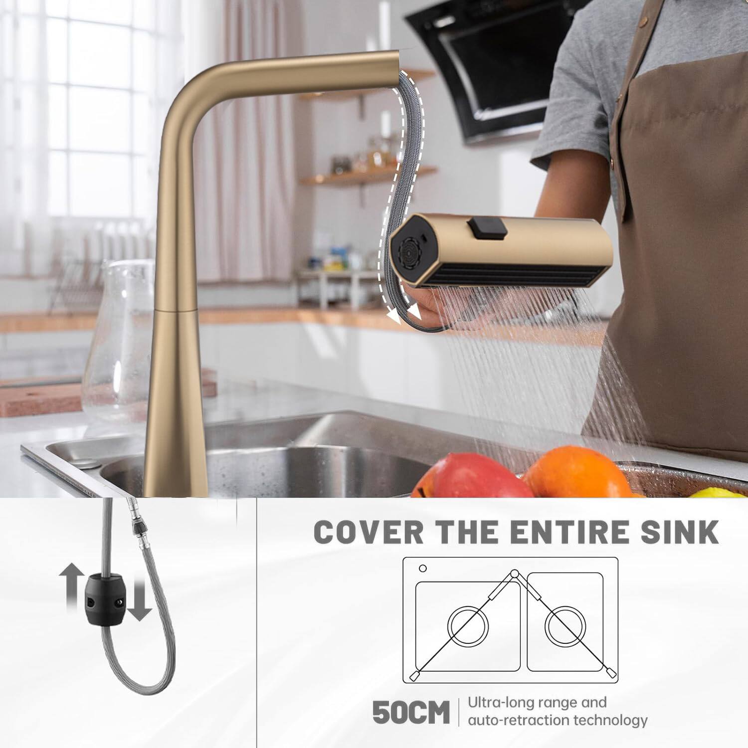 COVER THE ENTIRE SINK

50CM Ultra-long range and auto-retraction technology