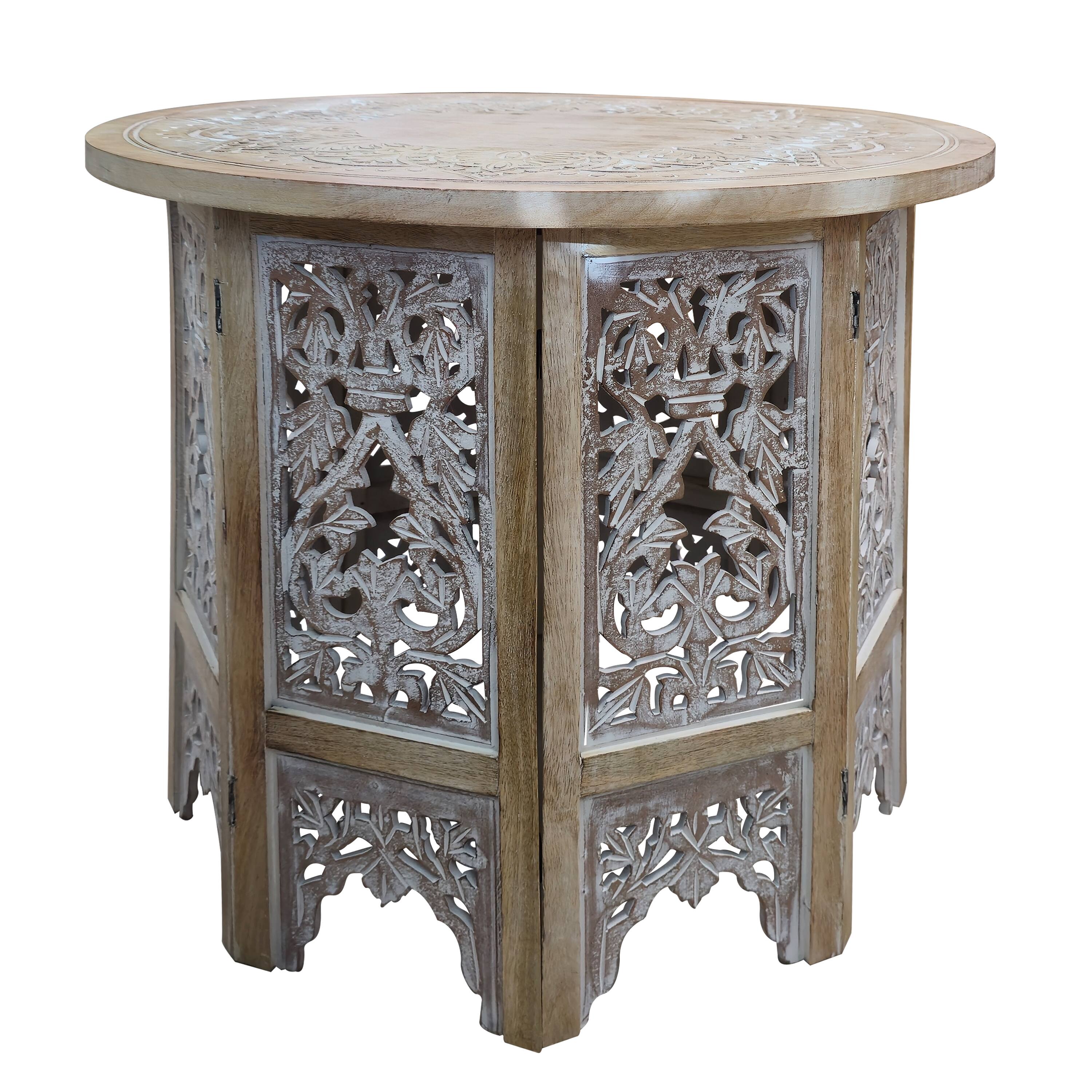 Angle. Manhattan Lane - Accent Side Table, 24 Inch Round Top, Mango Wood Floral Cut Out Carved Motifs - Natural Brown, Washed White.