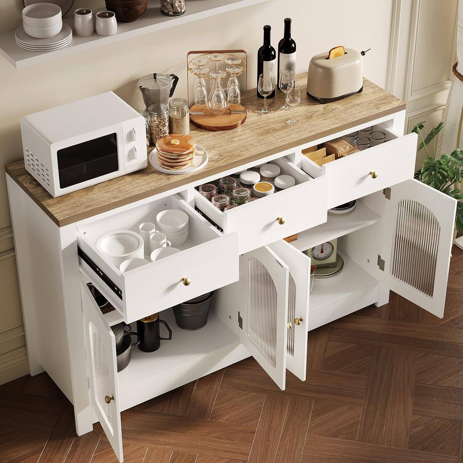 Alt View 2. Jojoka - Farmhouse Large Buffet Sideboard Cabinet with Four Doors Three Drawers Adjustable Shelves and Fluted Acrylic Doors White - White.