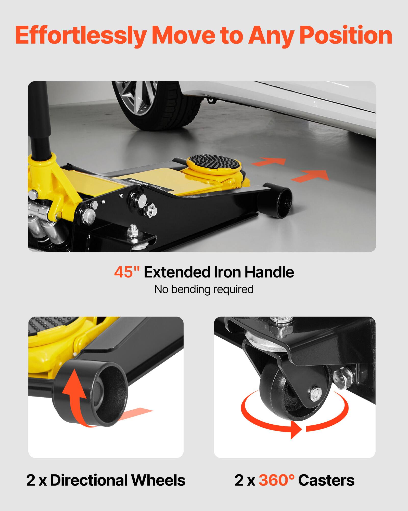 Effortlessly Move to Any Position

45" Extended Iron Handle
No bending required

2 x Directional Wheels

2 x 360° Casters
