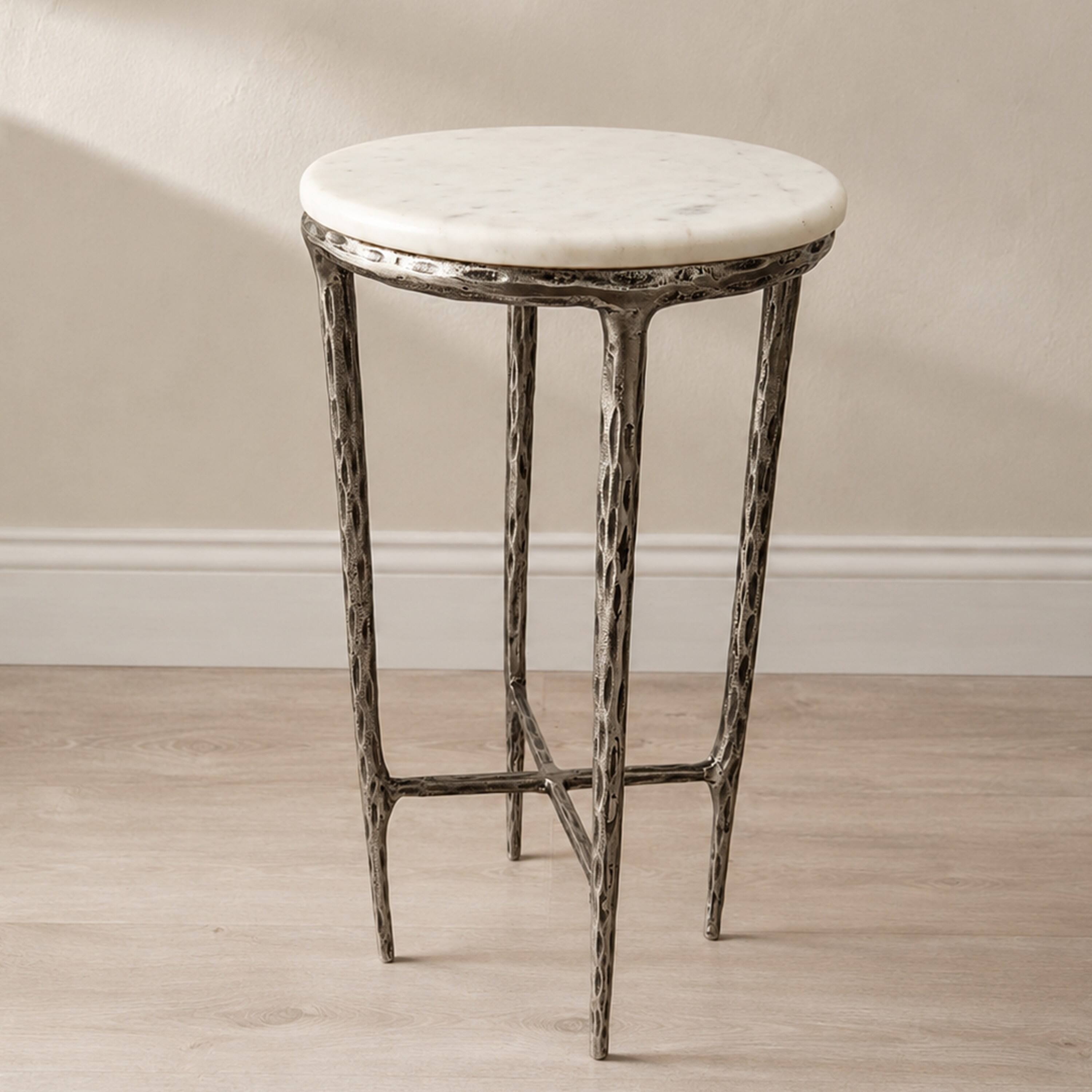 Alt View 6. Manhattan Lane - Minza Accent Side End Table, Modern White Marble Round Top, Hand Forged, Hammered Antique Nickel Finish, 24 Inch - Silver, White.